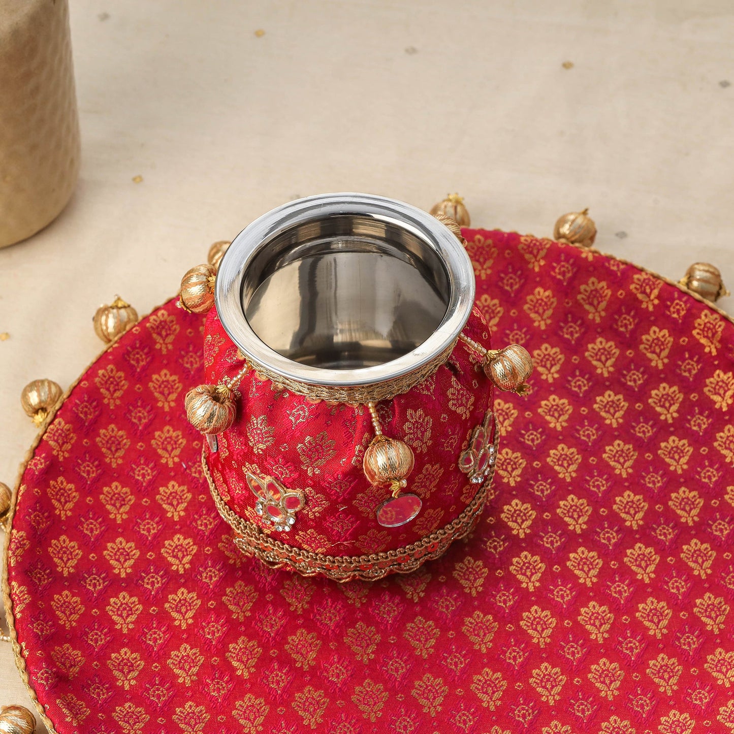 Pink mirror beads karwa chauth thali set 09 - handcrafted