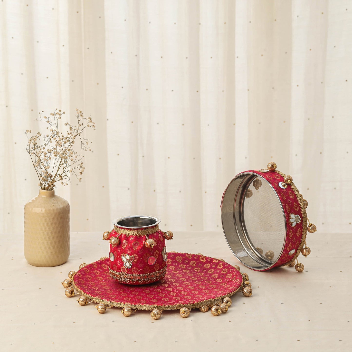 Pink mirror beads karwa chauth thali set 09 - handcrafted