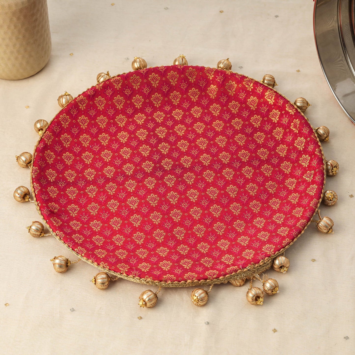 Pink mirror beads karwa chauth thali set 09 - handcrafted