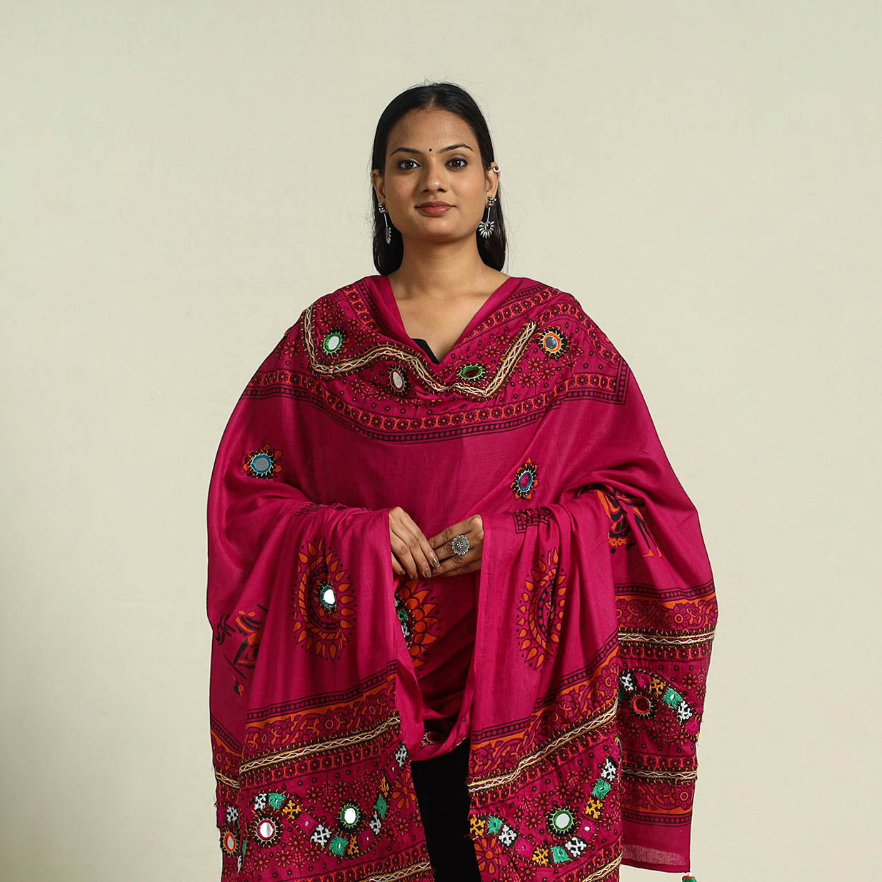 Buy Pink Mirror Work Printed Cotton Kutch Embroidery Dupatta