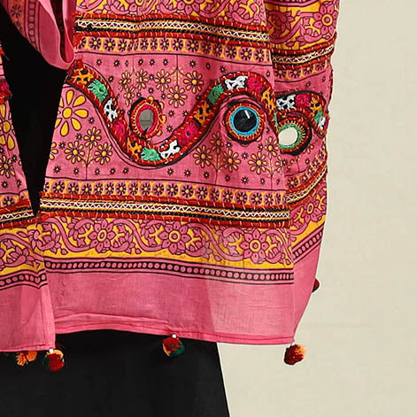 Buy Pink Mirror Work Printed Cotton Kutch Embroidery Dupatta