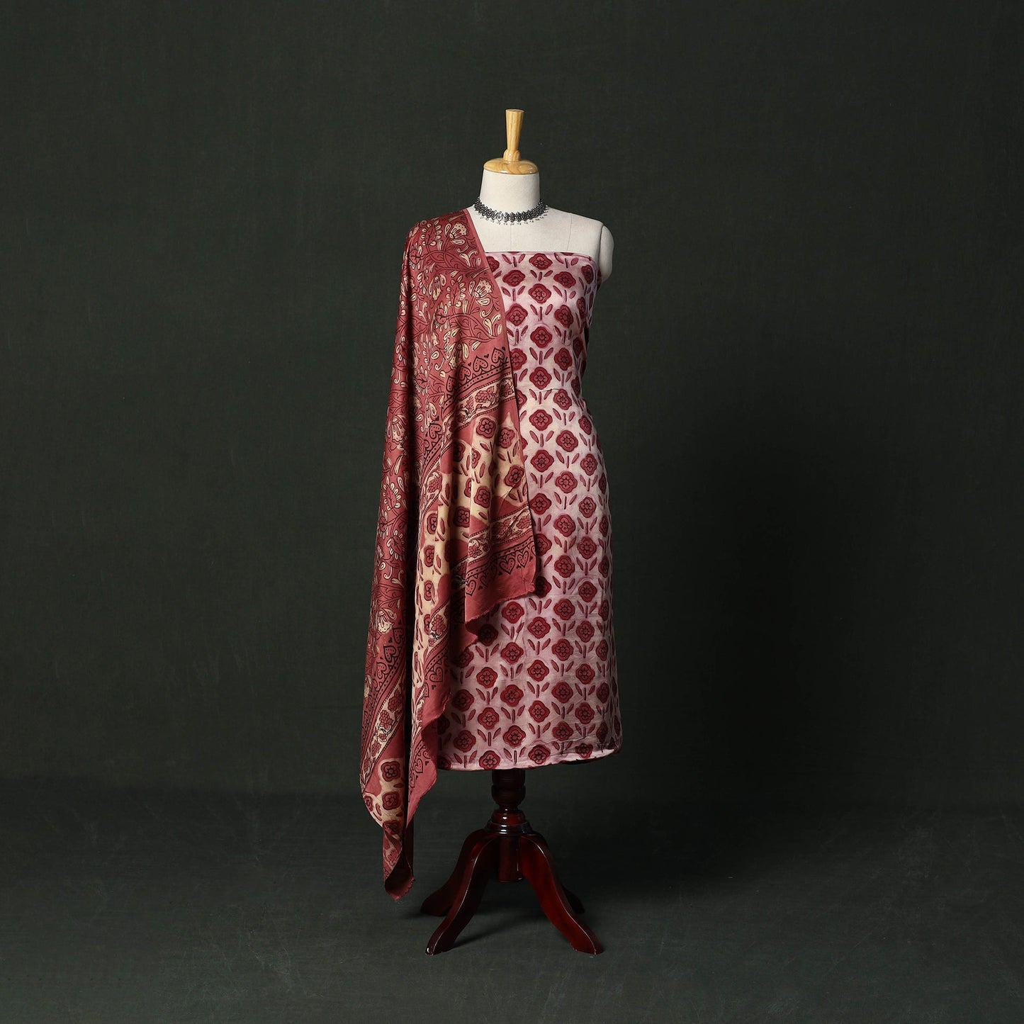 Modal silk hand block bagru print 3pc unstitched dress
