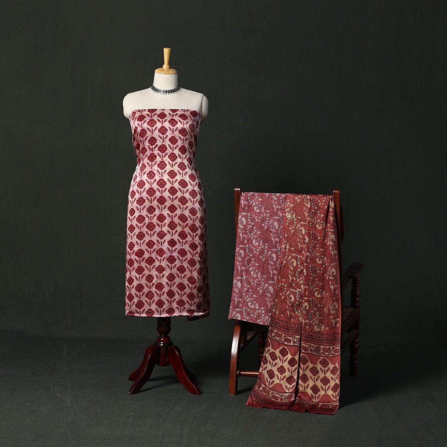 Modal silk hand block bagru print 3pc unstitched dress