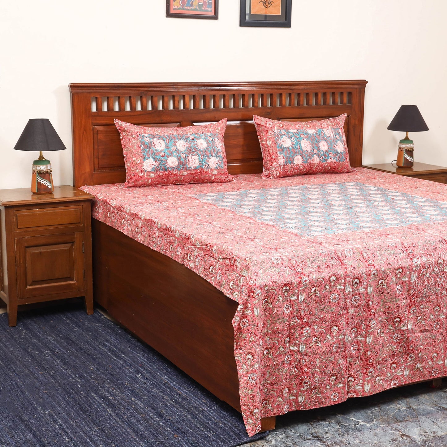 Patchwork hand double sanganeri bedsheet set (108 x 90 in)