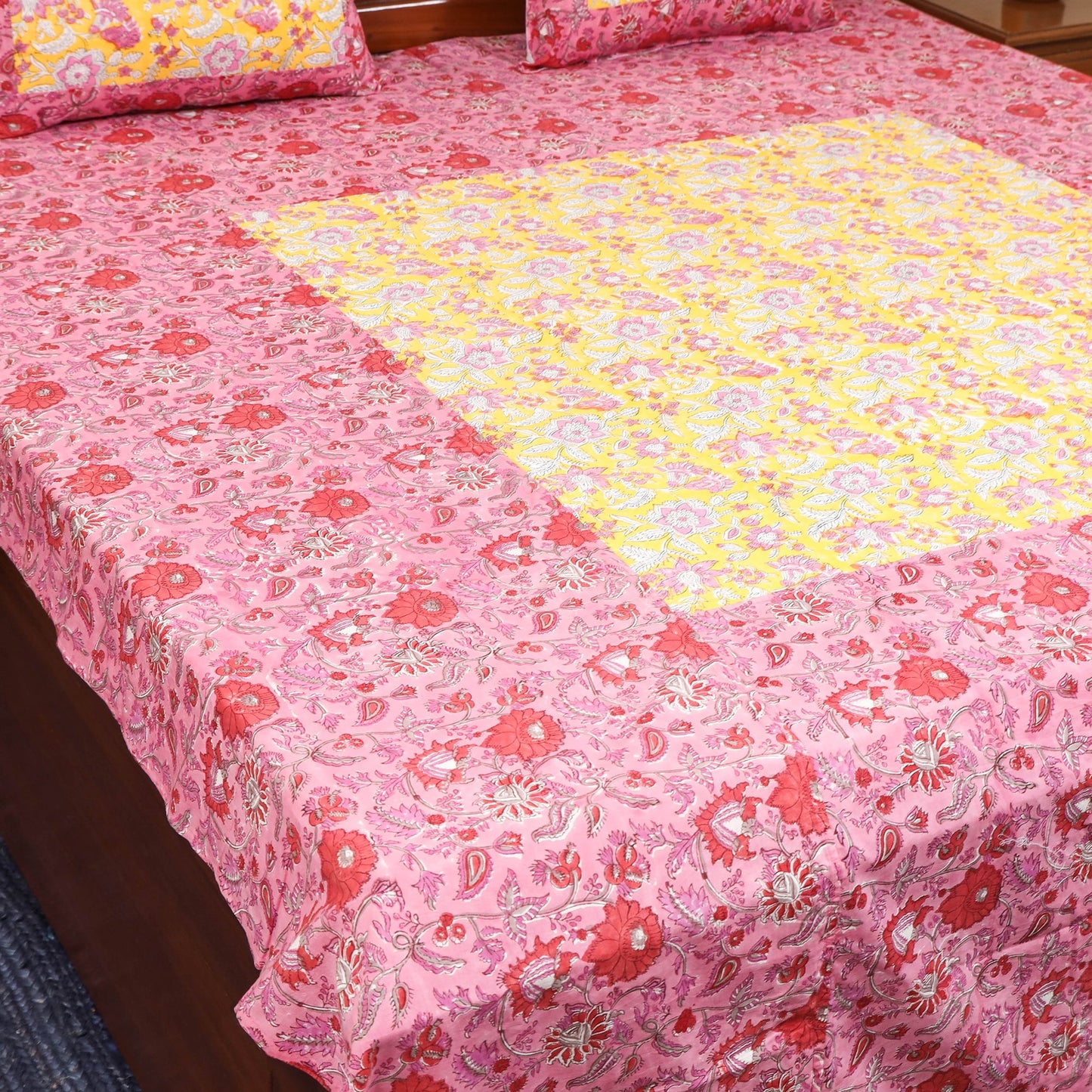 Patchwork hand double sanganeri bedsheet set (108 x 90 in)