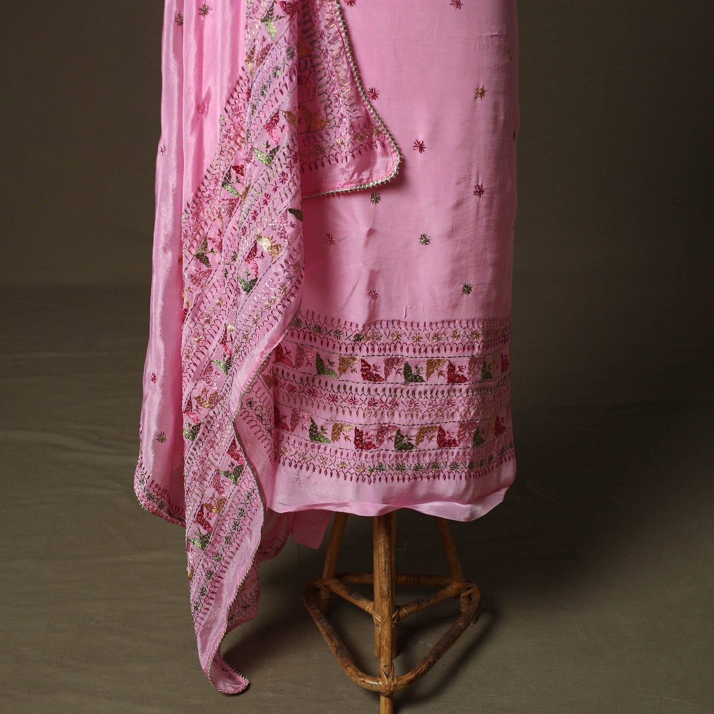 Phulkari hand embroidered crepe silk 3pc unstitched dress