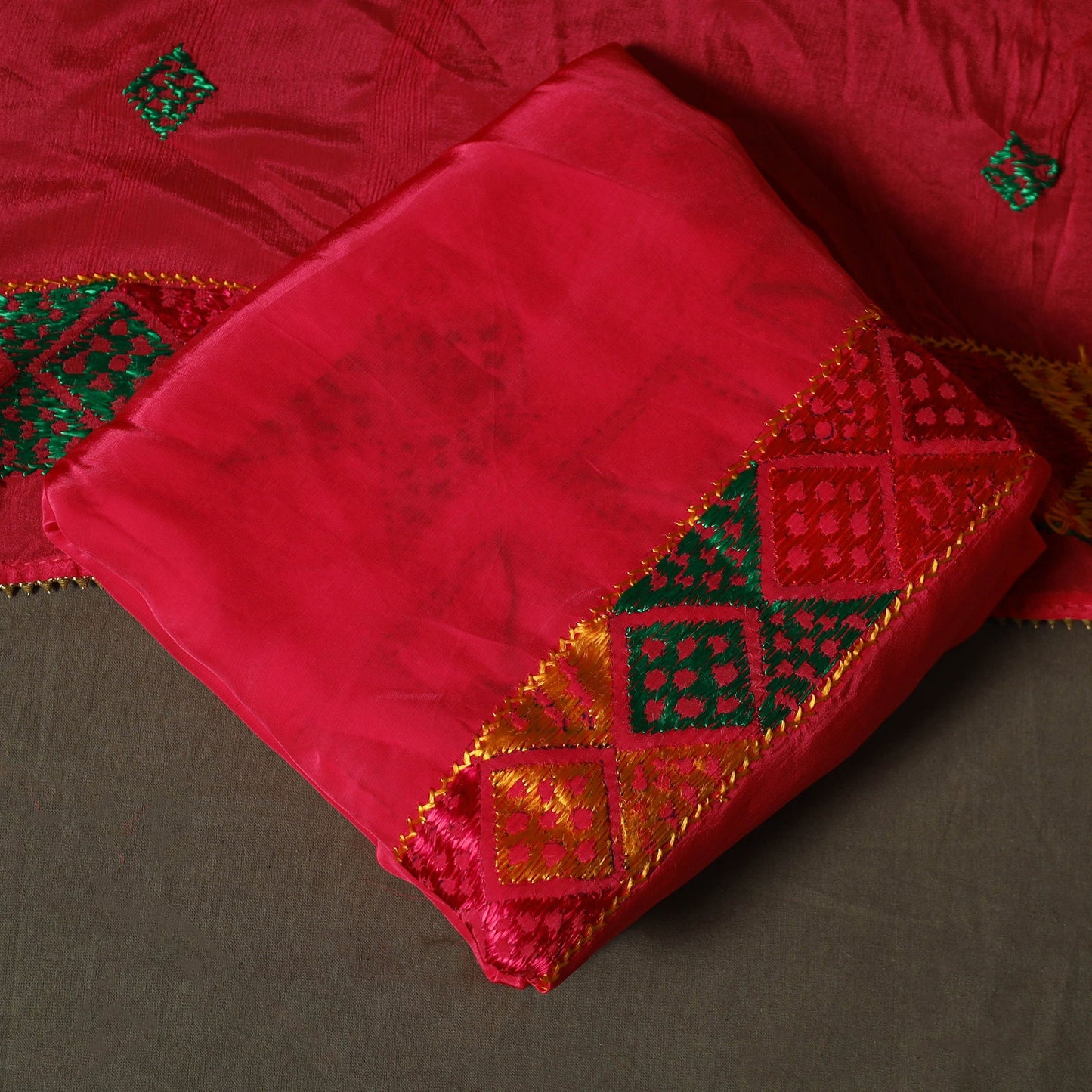 Phulkari hand embroidered crepe silk 3pc unstitched dress