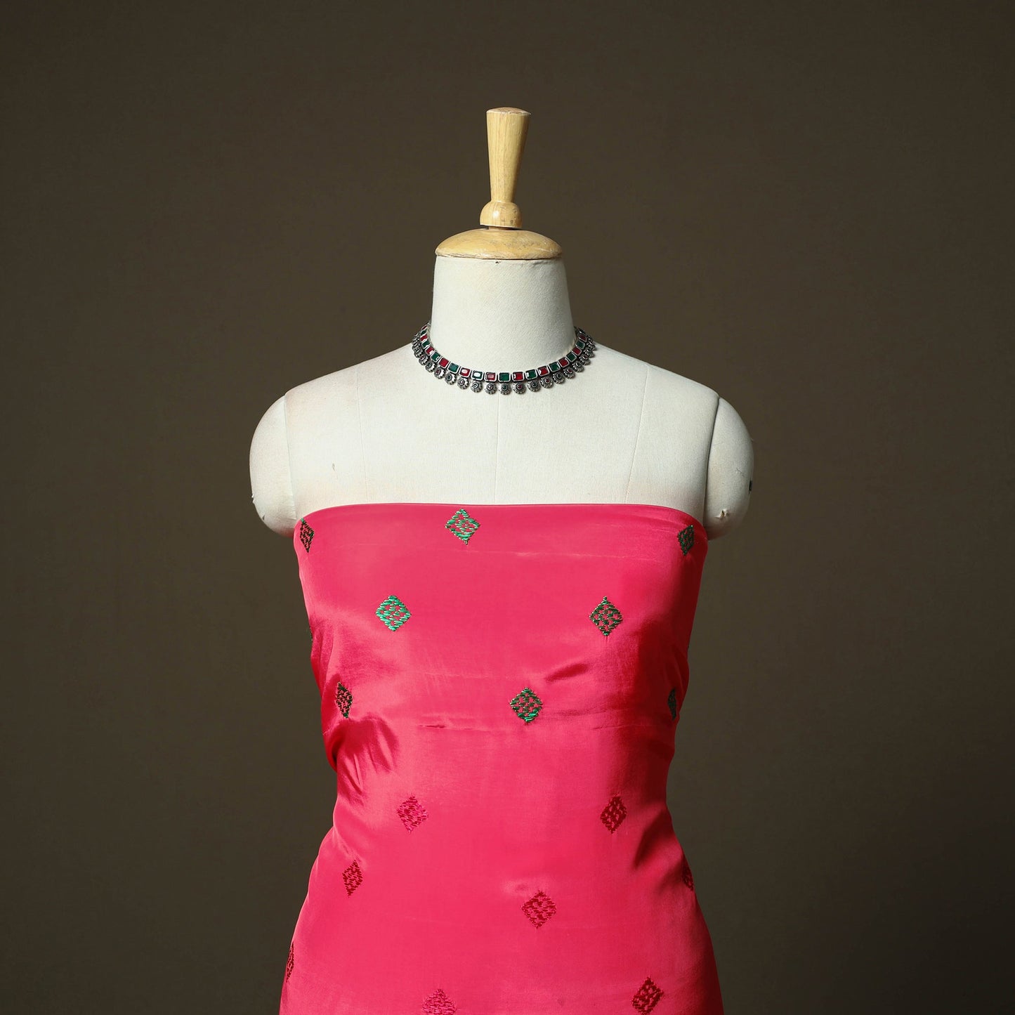 Phulkari hand embroidered crepe silk 3pc unstitched dress
