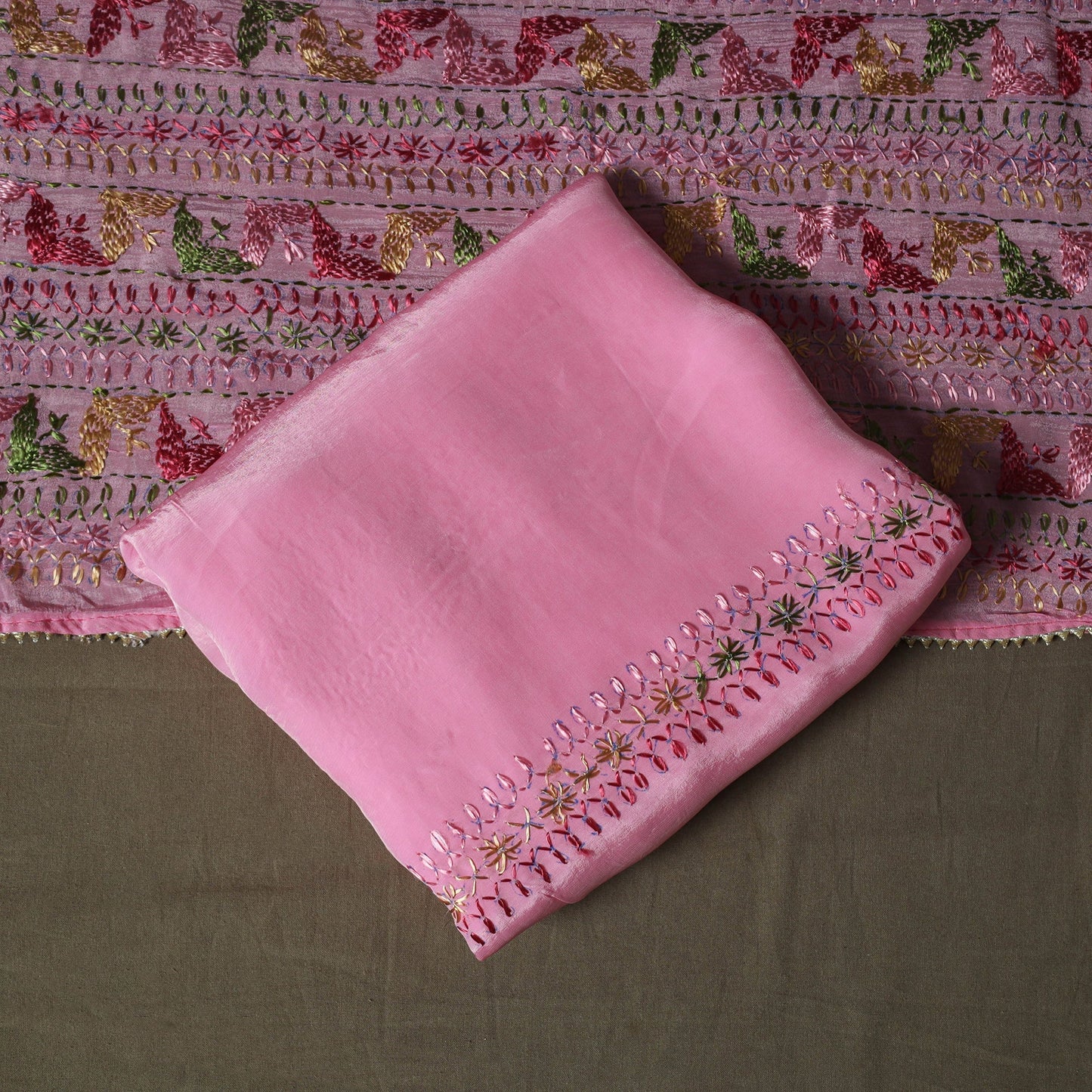 Phulkari hand embroidered crepe silk 3pc unstitched dress