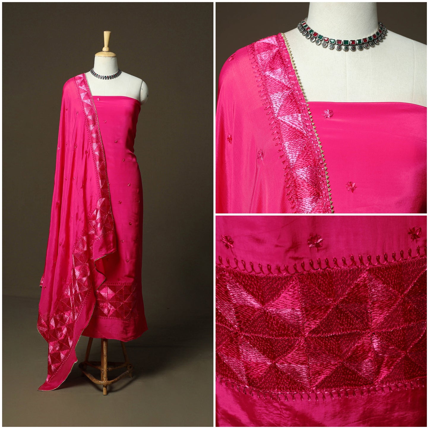 Phulkari hand embroidered crepe silk 3pc unstitched dress
