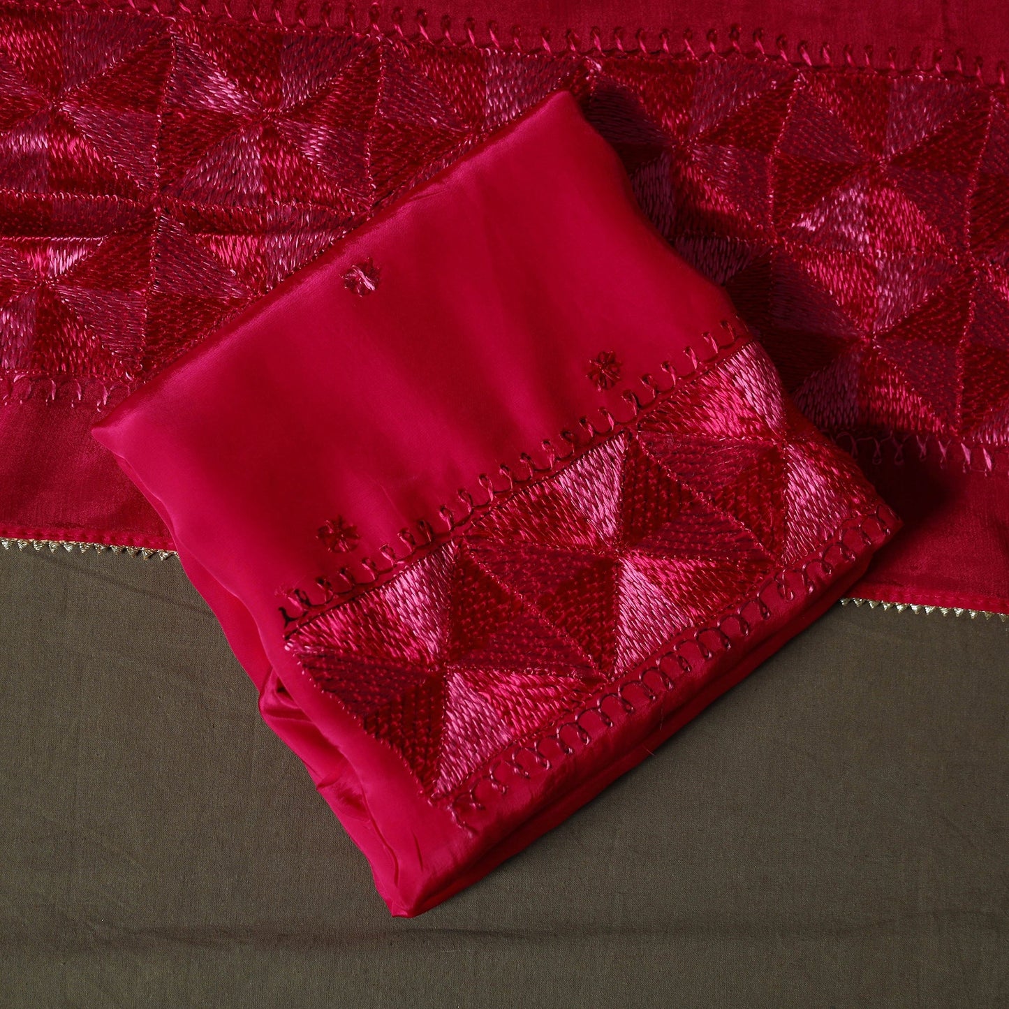 Phulkari hand embroidered crepe silk 3pc unstitched dress