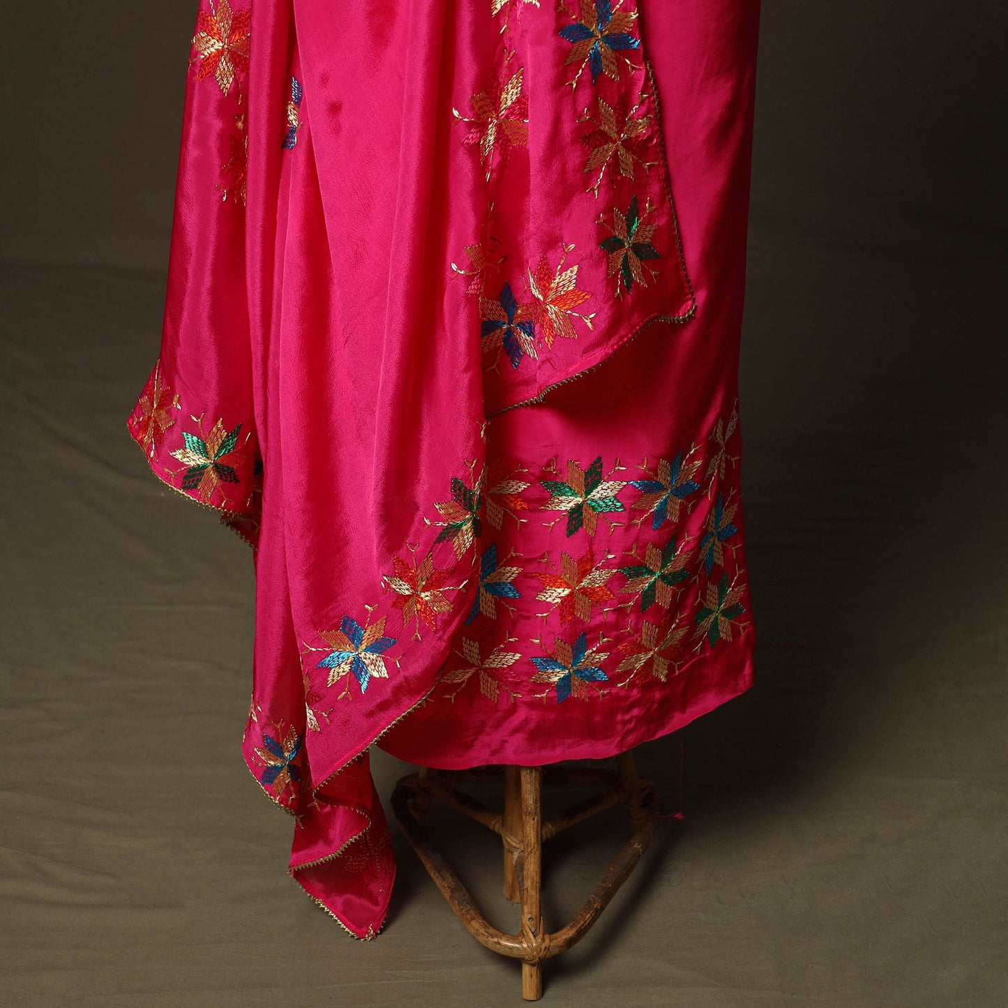 Phulkari hand embroidered crepe silk 3pc unstitched dress