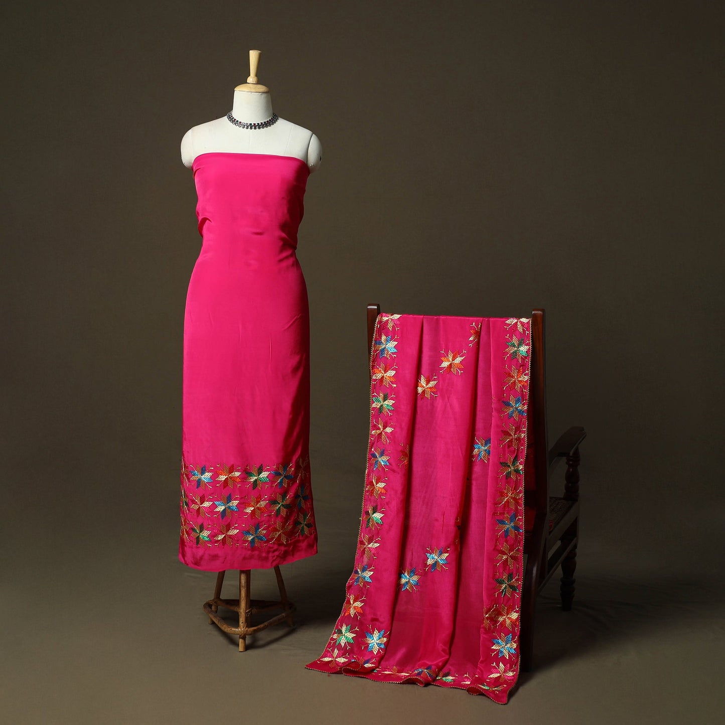 Phulkari hand embroidered crepe silk 3pc unstitched dress