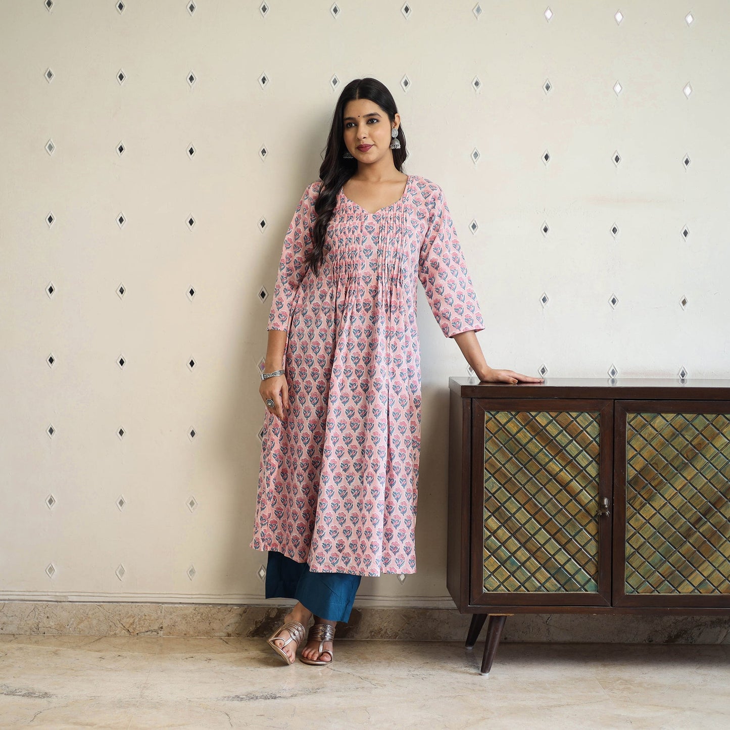 Pink Pintuck Flared Cotton Block Print Sanganeri Kurta