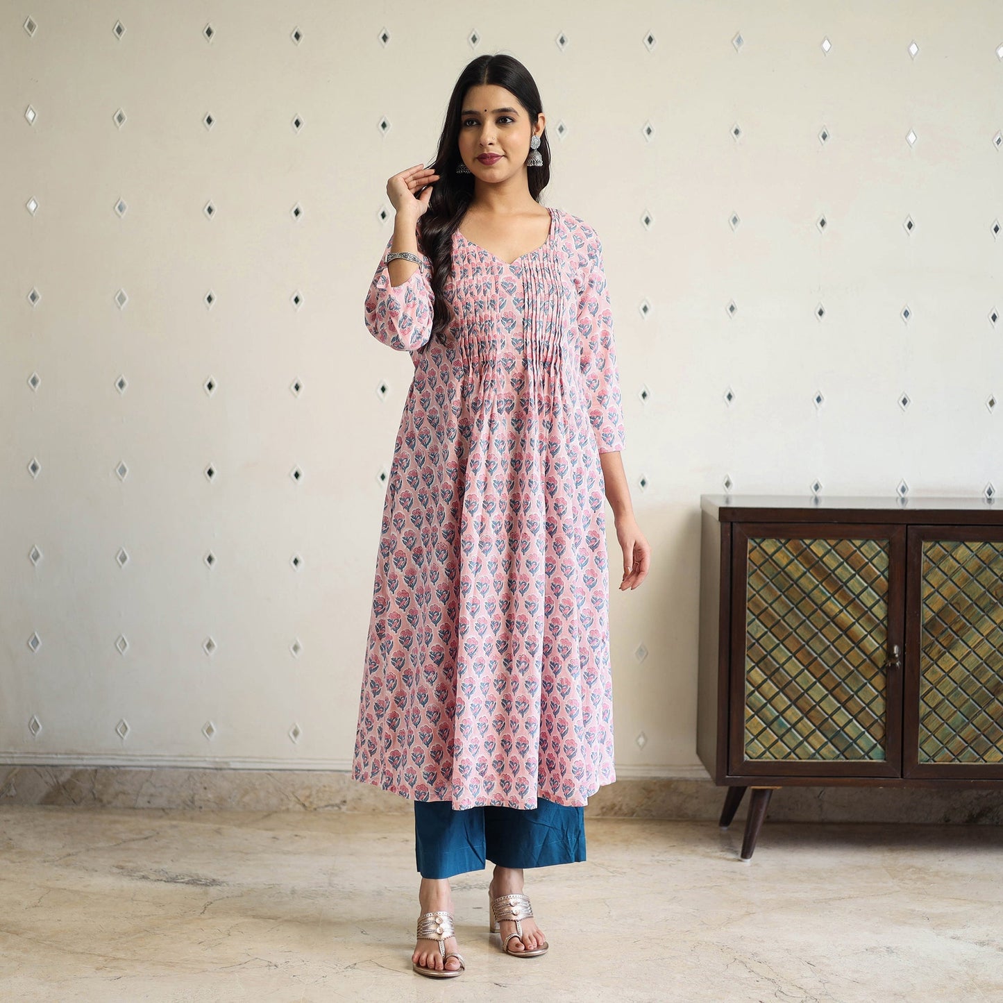 Pink Pintuck Flared Cotton Block Print Sanganeri Kurta