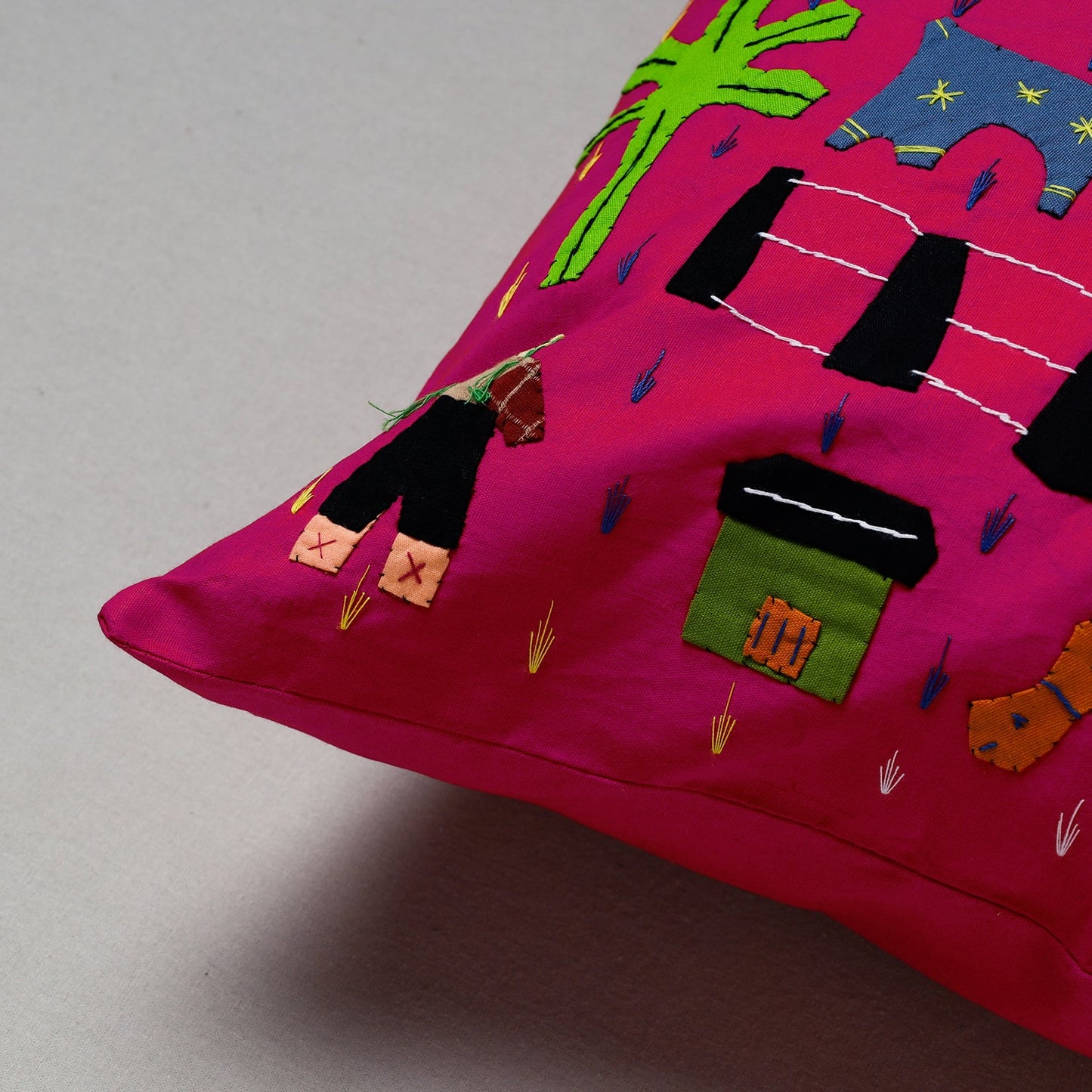 Pink Pipli Applique Work Cotton Cushion Cover (16 x 16 in) Assorted