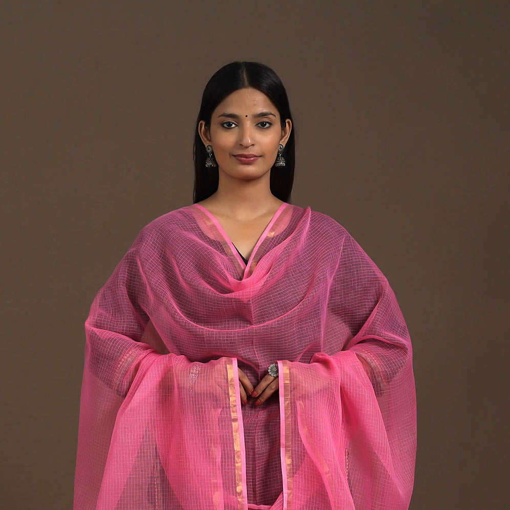 Pink Plain Cotton Kota Doria Dupatta