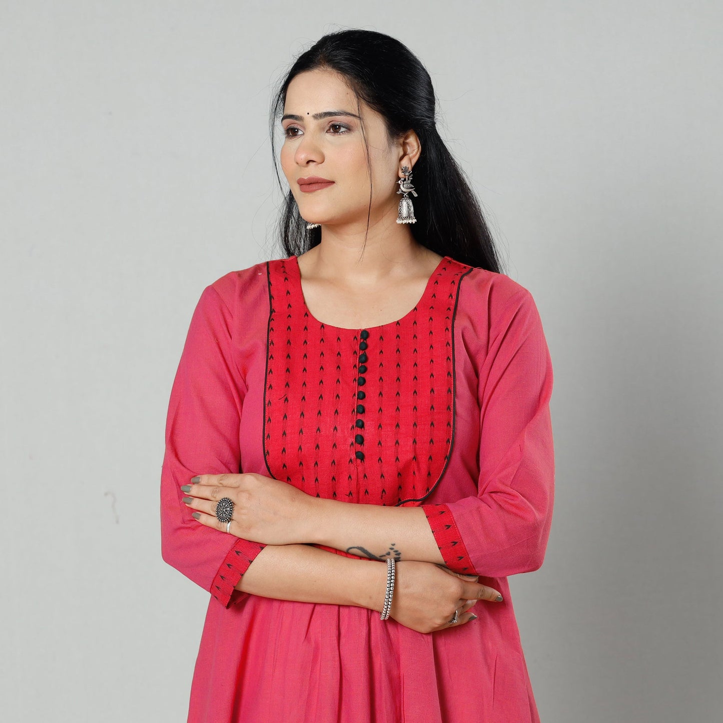 Pink - plain cotton long kurta - handcrafted