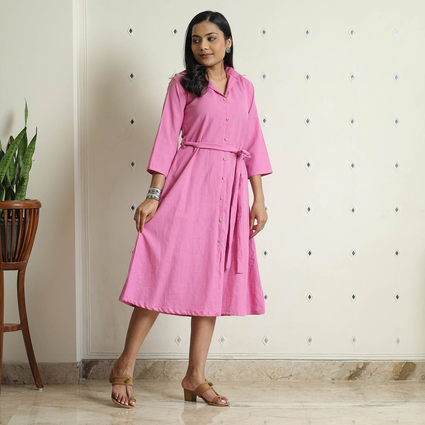 Plain Flex Cotton Collared Neck Buttoned Down Dress
