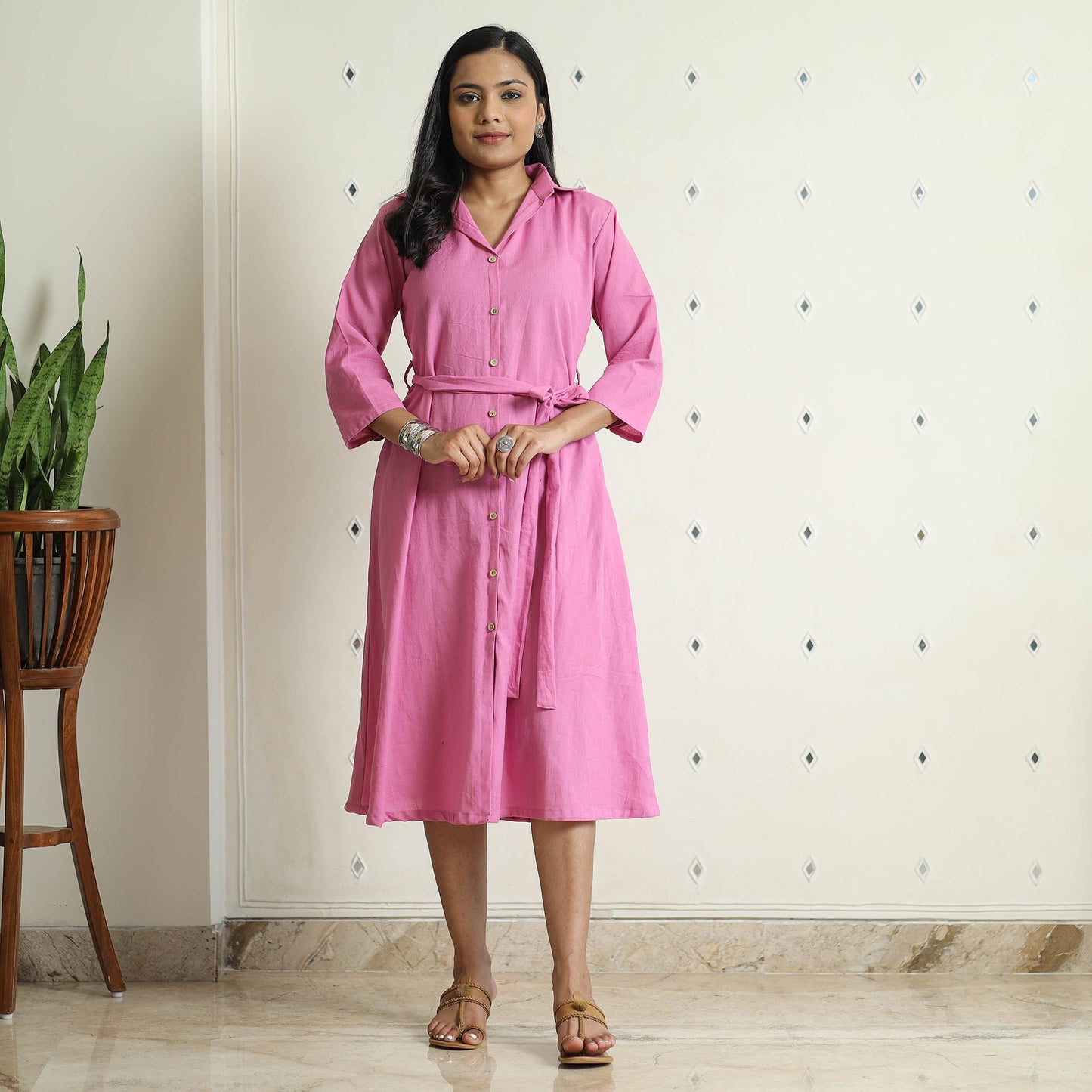 Plain Flex Cotton Collared Neck Buttoned Down Dress