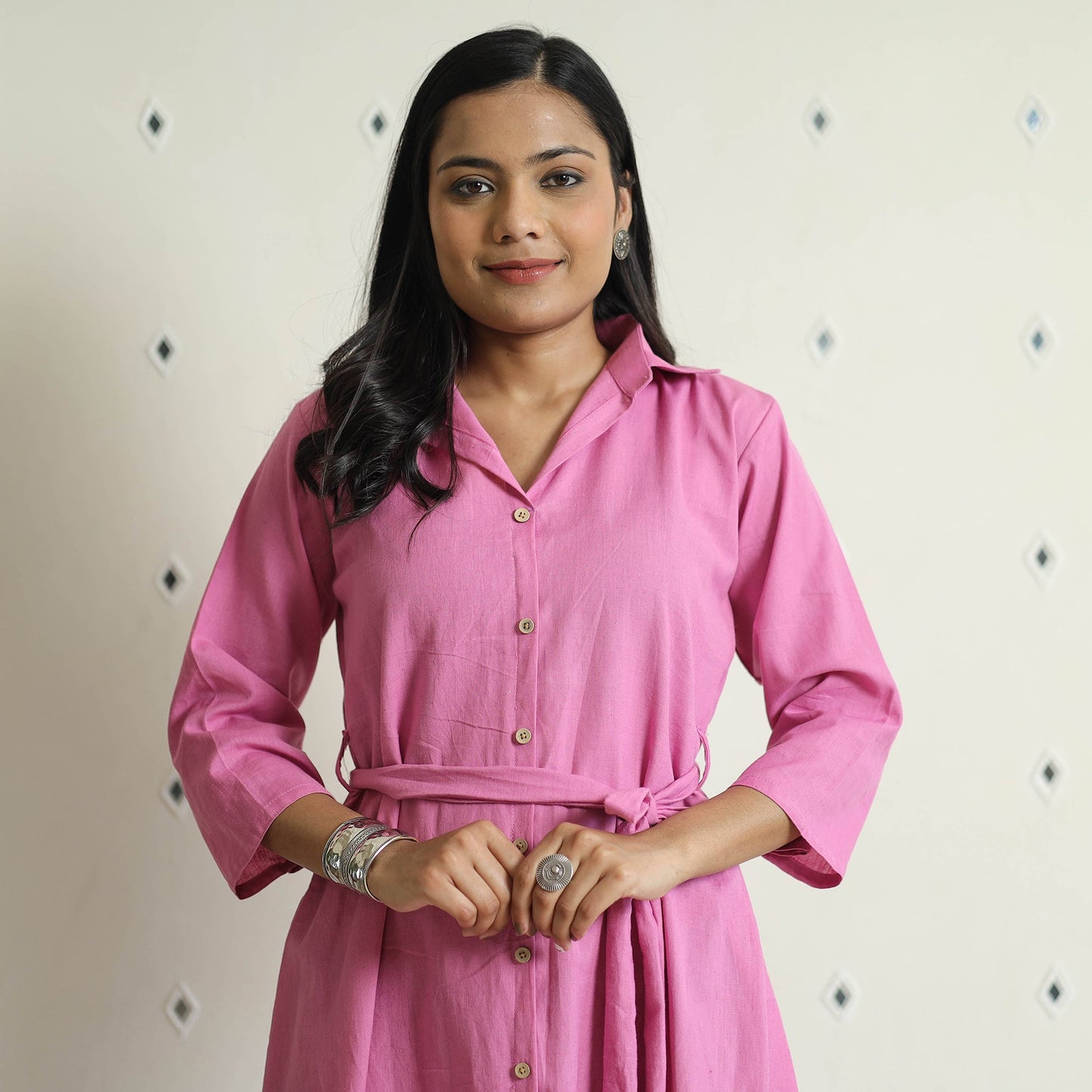 Plain Flex Cotton Collared Neck Buttoned Down Dress