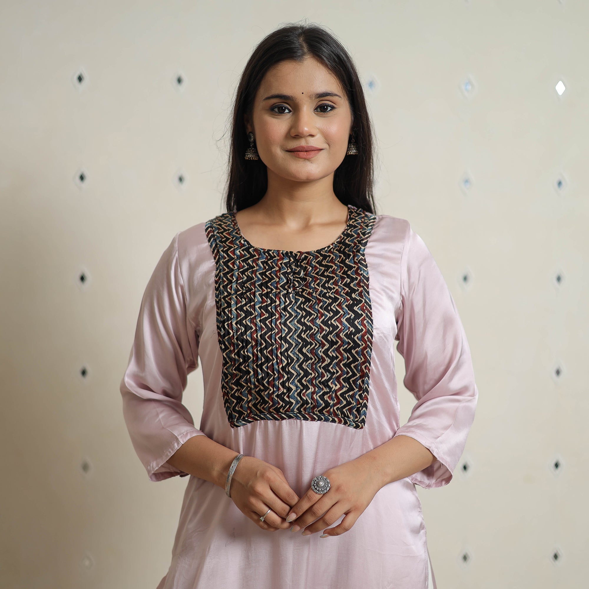 Pink - Plain Modal Silk Straight Long Kurta with Ajrakh Pintuck Patchwork 01
