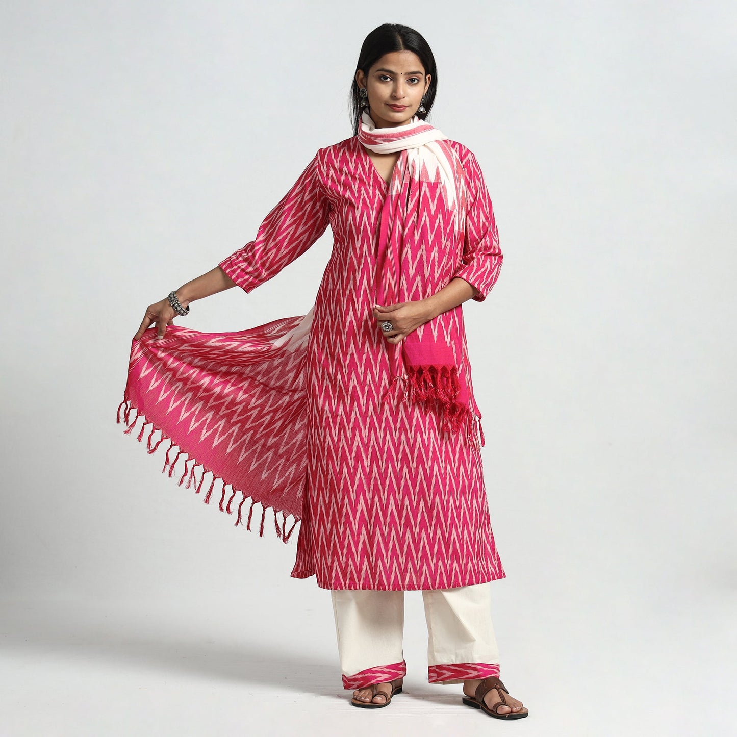 Pink - pochampally ikat weave cotton kurta with palazzo &