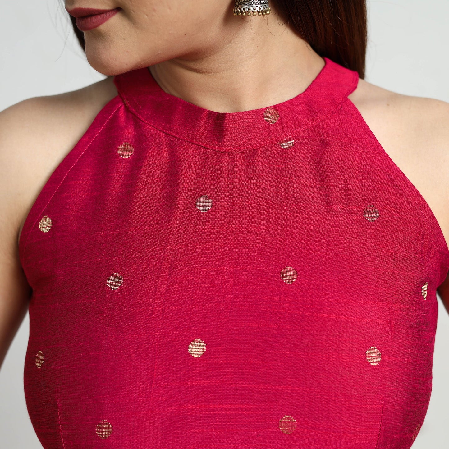 Pink - polka dot zari buti silk stitched plain blouse 11