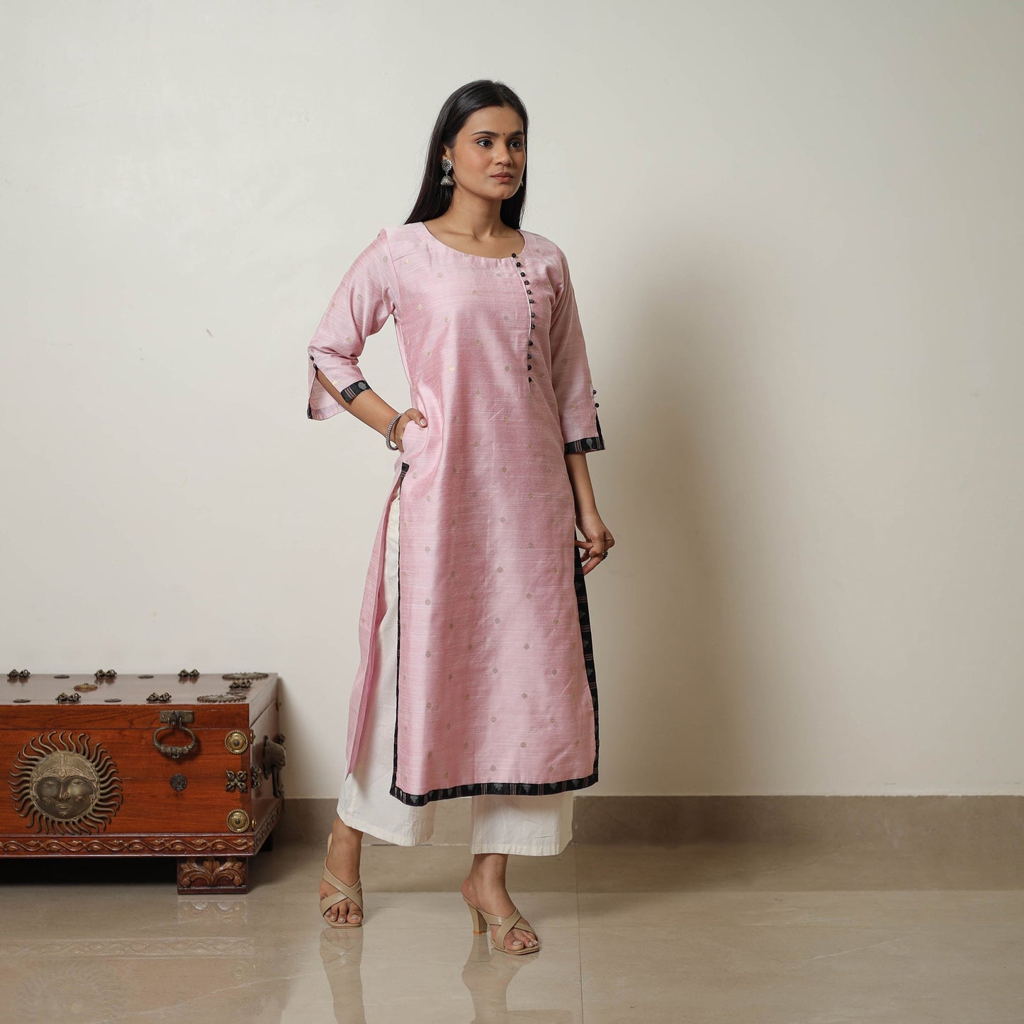 Pink - polka zari butta spun dupion silk straight plain