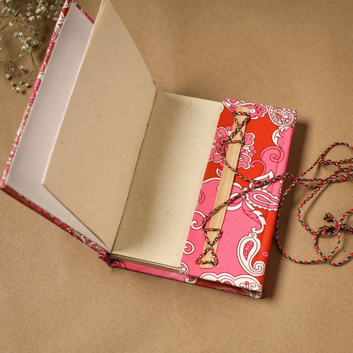 Printed fabric cover handmade paper notebook with thread