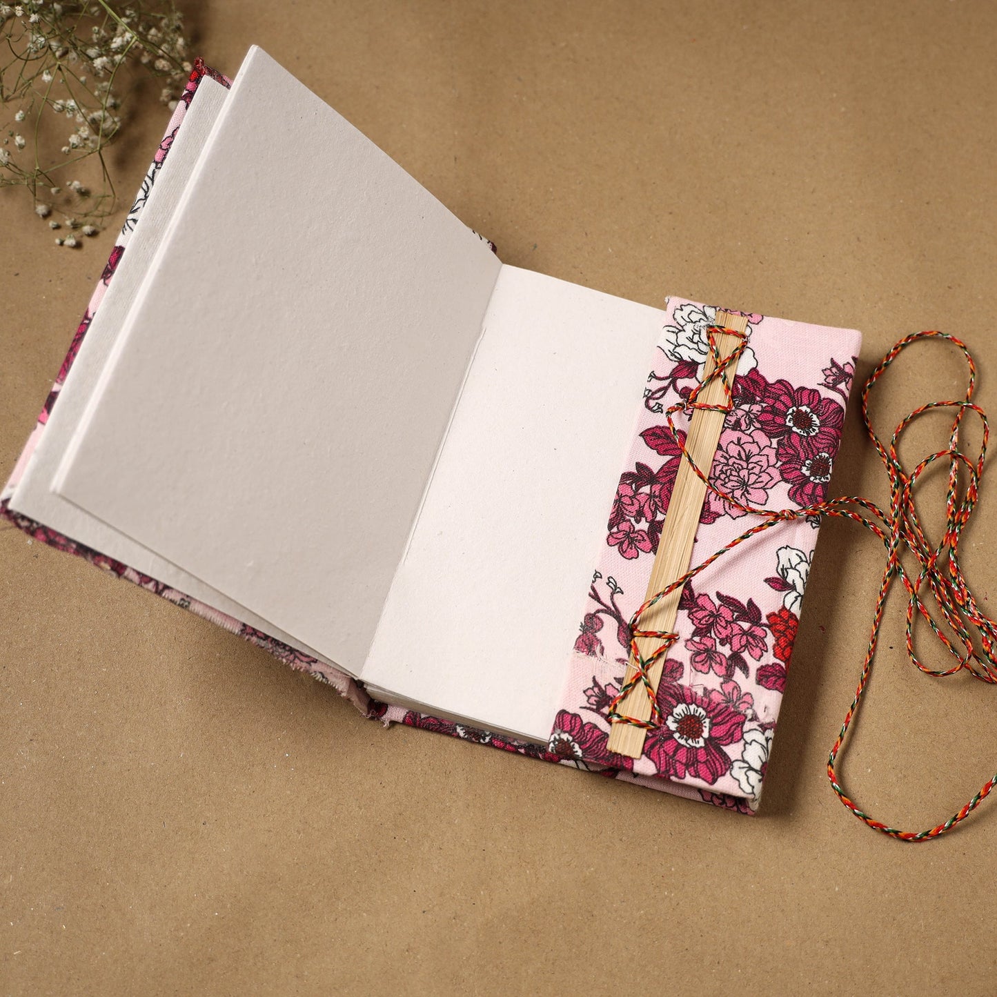 Printed fabric cover handmade paper notebook with thread