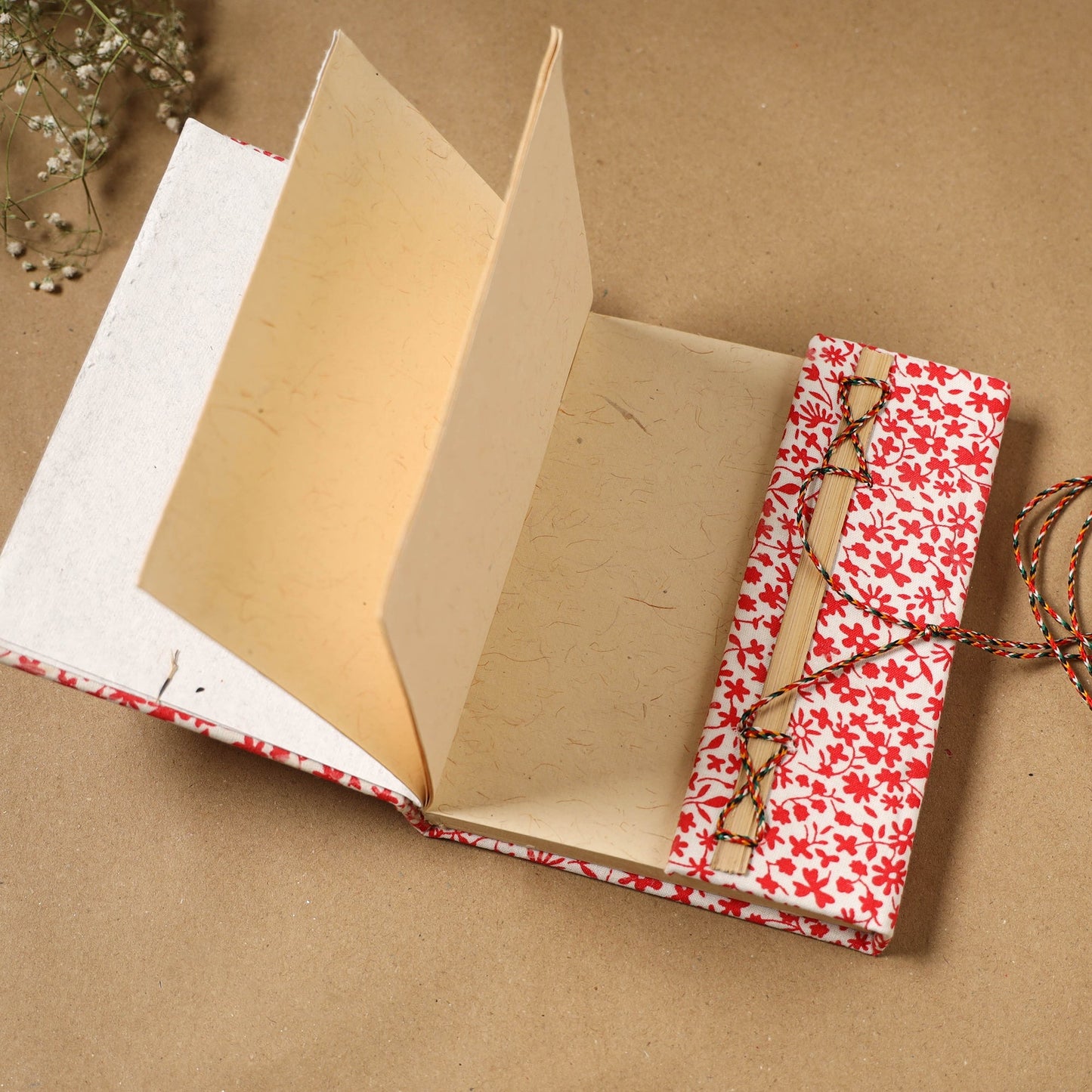 Printed fabric cover handmade paper notebook with thread