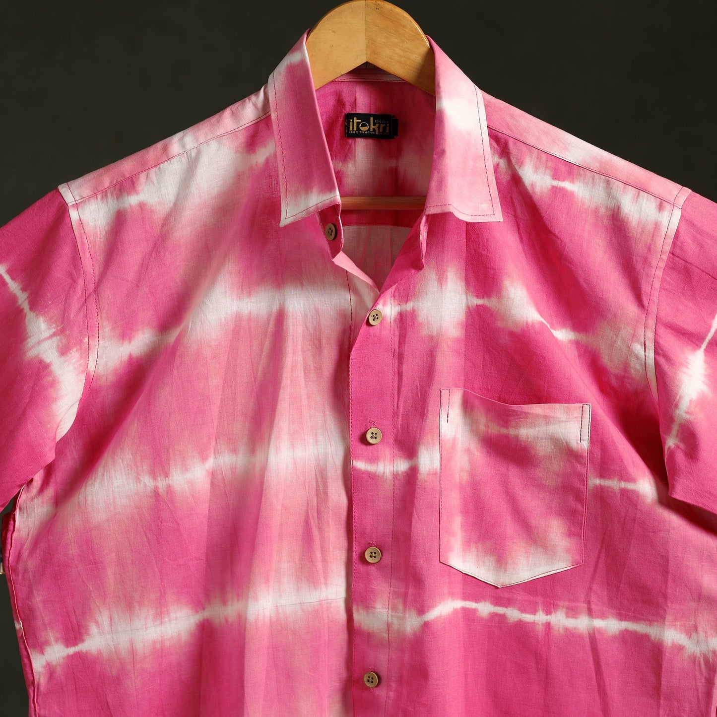 Pink - pure cotton half sleeve tie-dye men shibori shirt 32