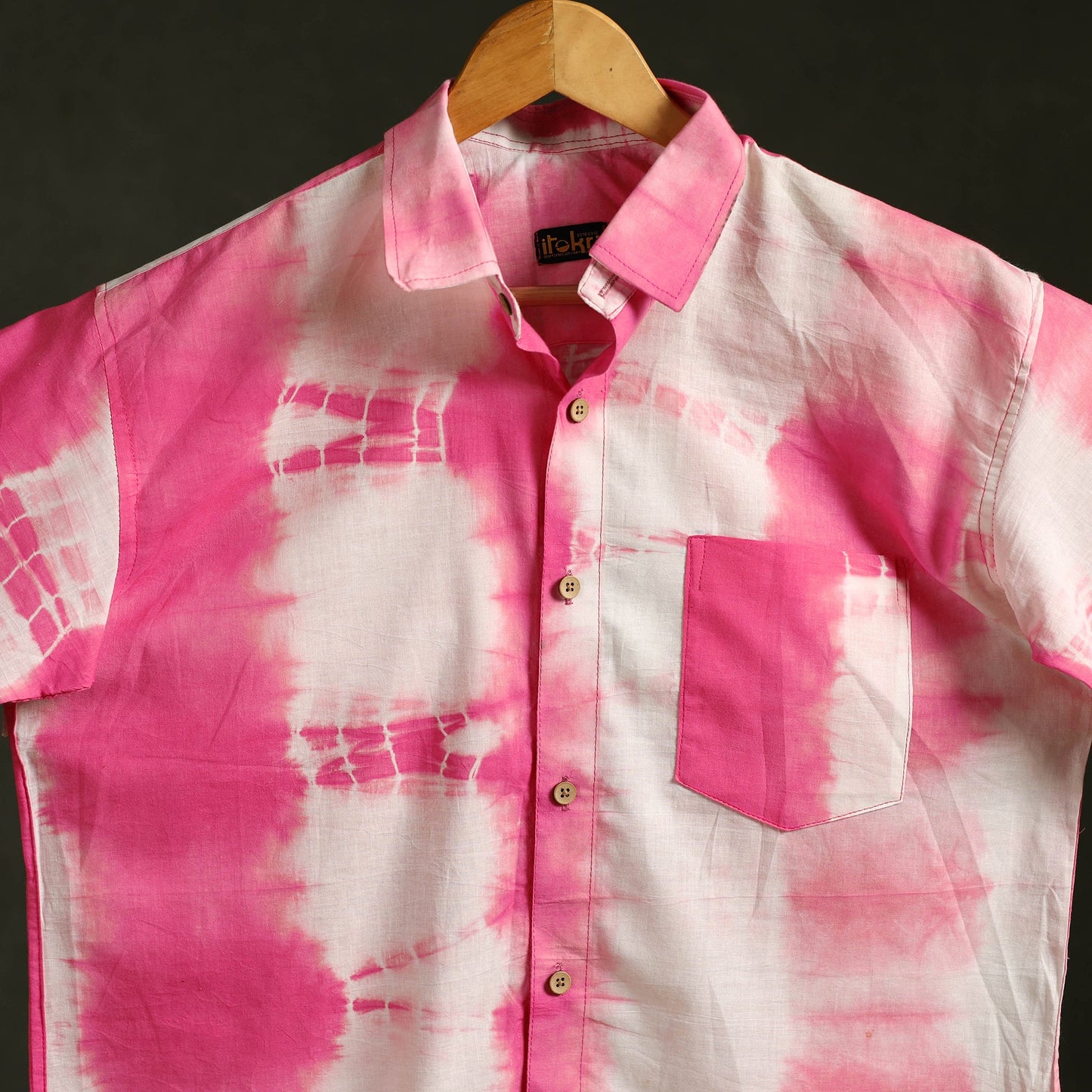 Pink - pure cotton half sleeve tie-dye men shibori shirt 43