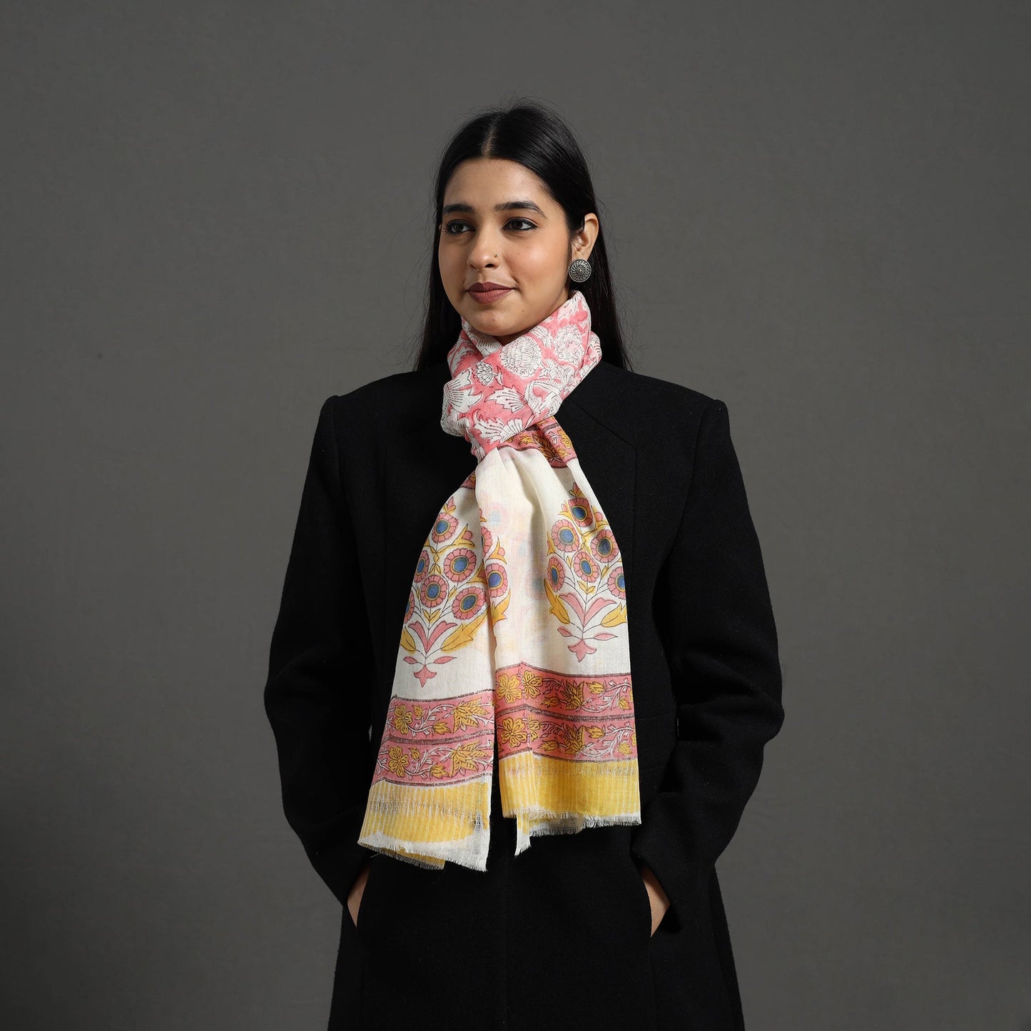 Pink - pure wool sanganeri stole 15 - handcrafted