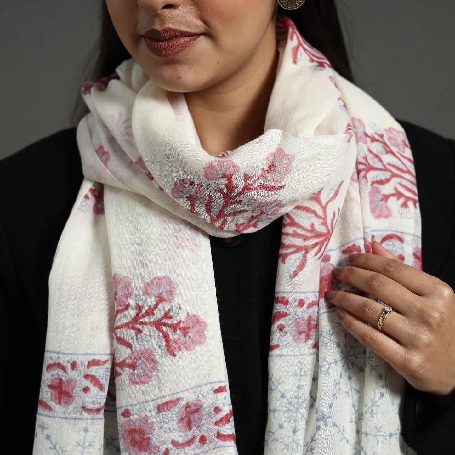 Buy Pure Wool Block Print Pink Sanganeri Stole