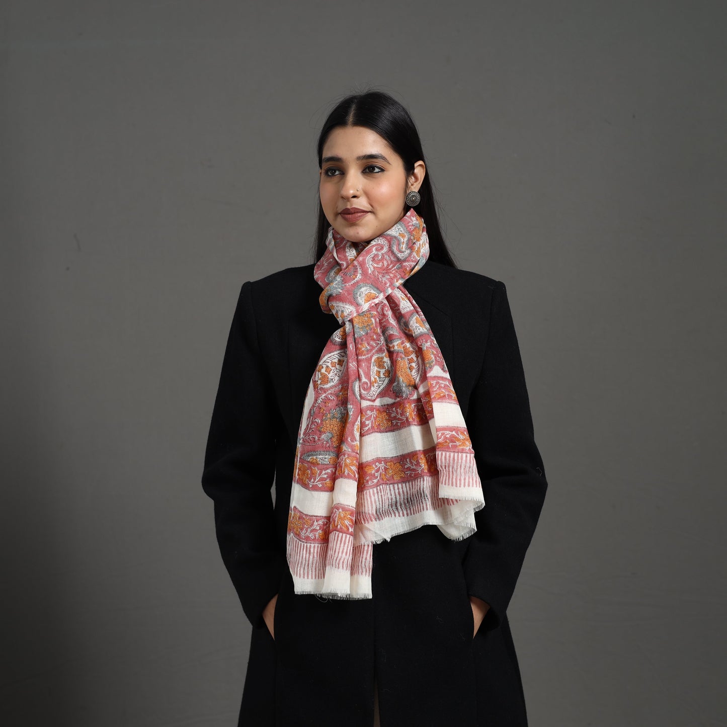 Pink - pure wool sanganeri stole 05 - handcrafted