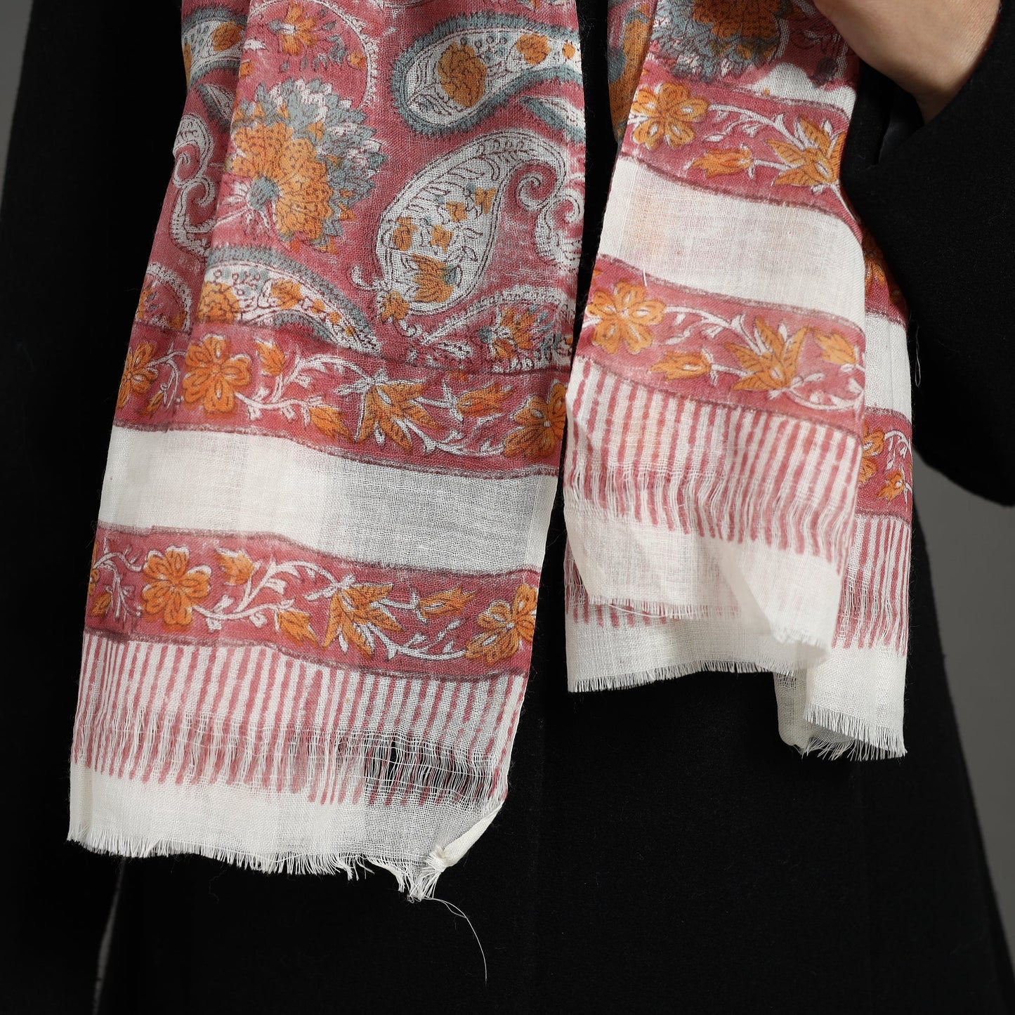 Pink - pure wool sanganeri stole 05 - handcrafted