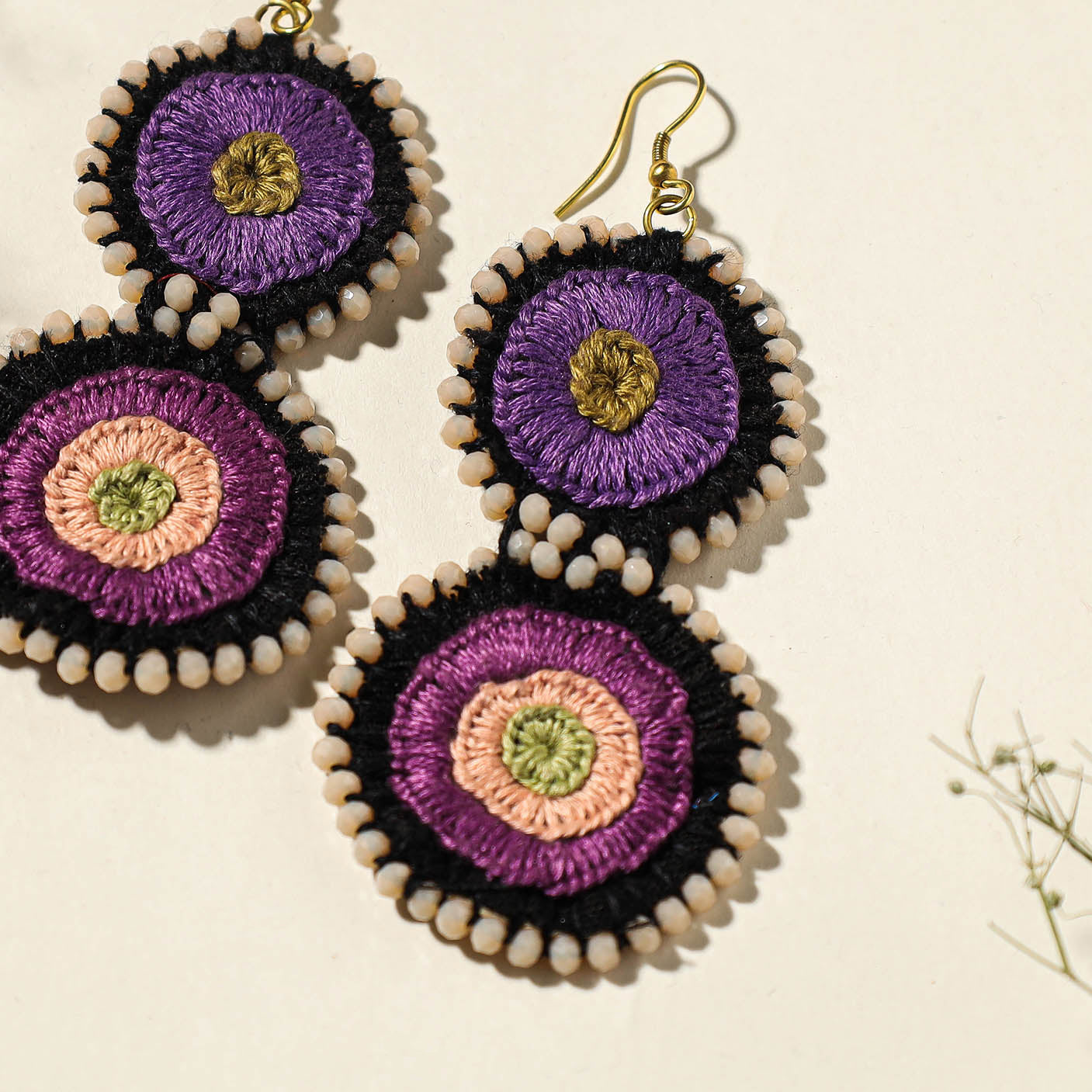 Hand Embroidered Fabart Beadwork Earrings by Rangila Dhaga