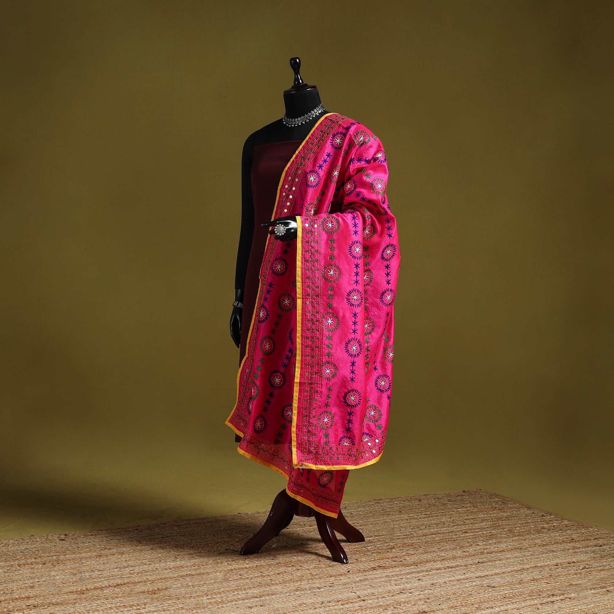 Black - Ranihati Chanderi Silk Hand Embroidery Dupatta 72