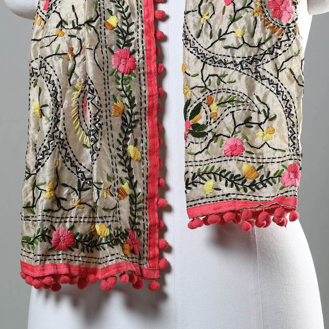 Pink Ranihati Chapa Work Embroidery Chanderi Silk Stole with Pom Pom