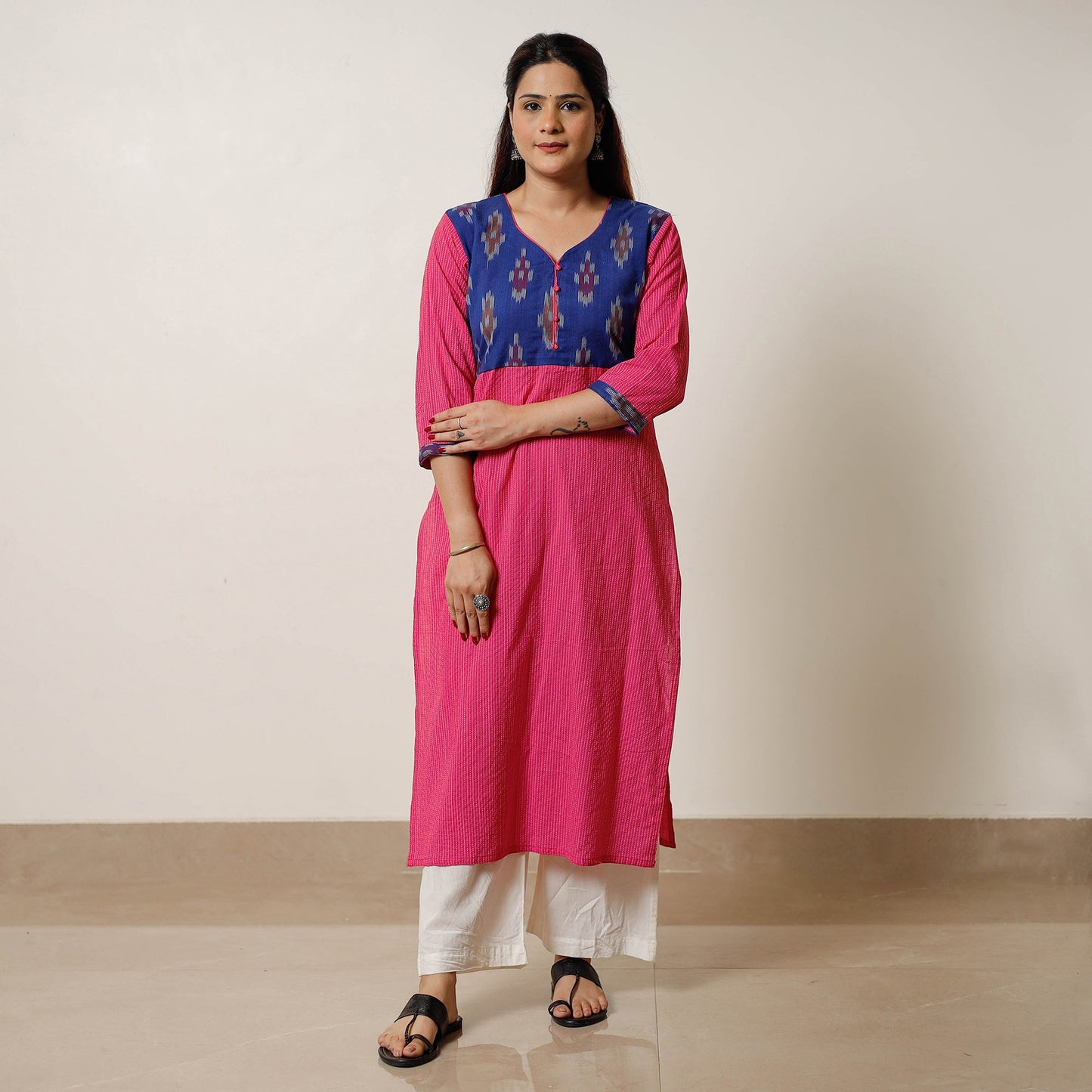 Running Stitch Cotton Straight Kurta with Ikat Patchwork 15
