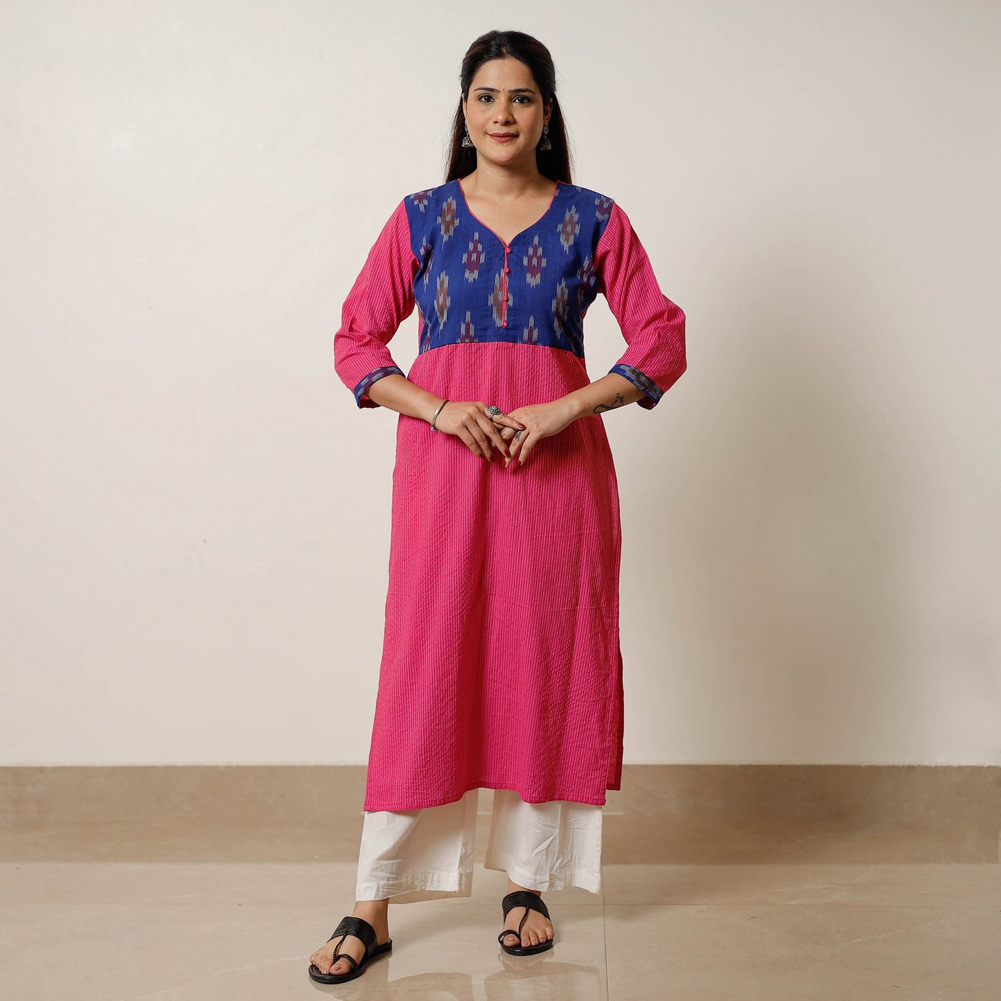 Running Stitch Cotton Straight Kurta with Ikat Patchwork 15