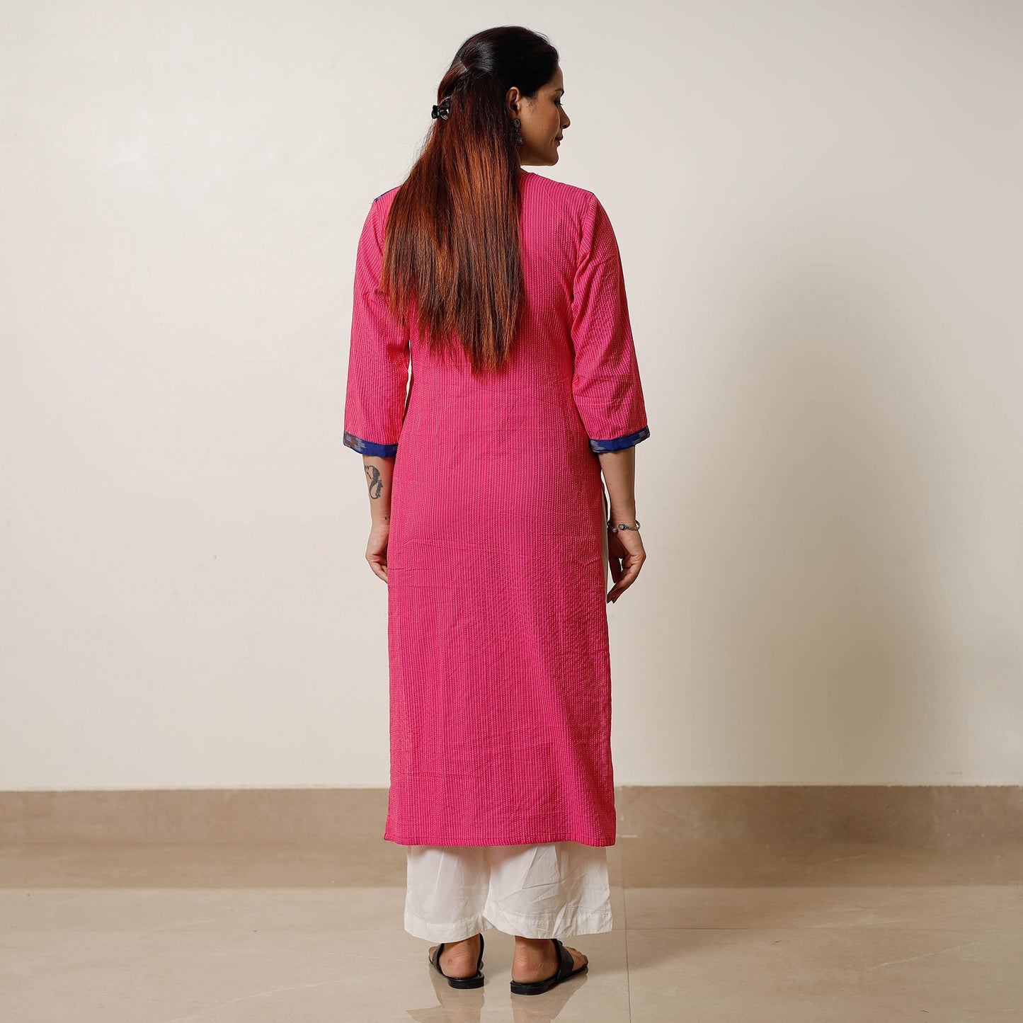 Running Stitch Cotton Straight Kurta with Ikat Patchwork 15