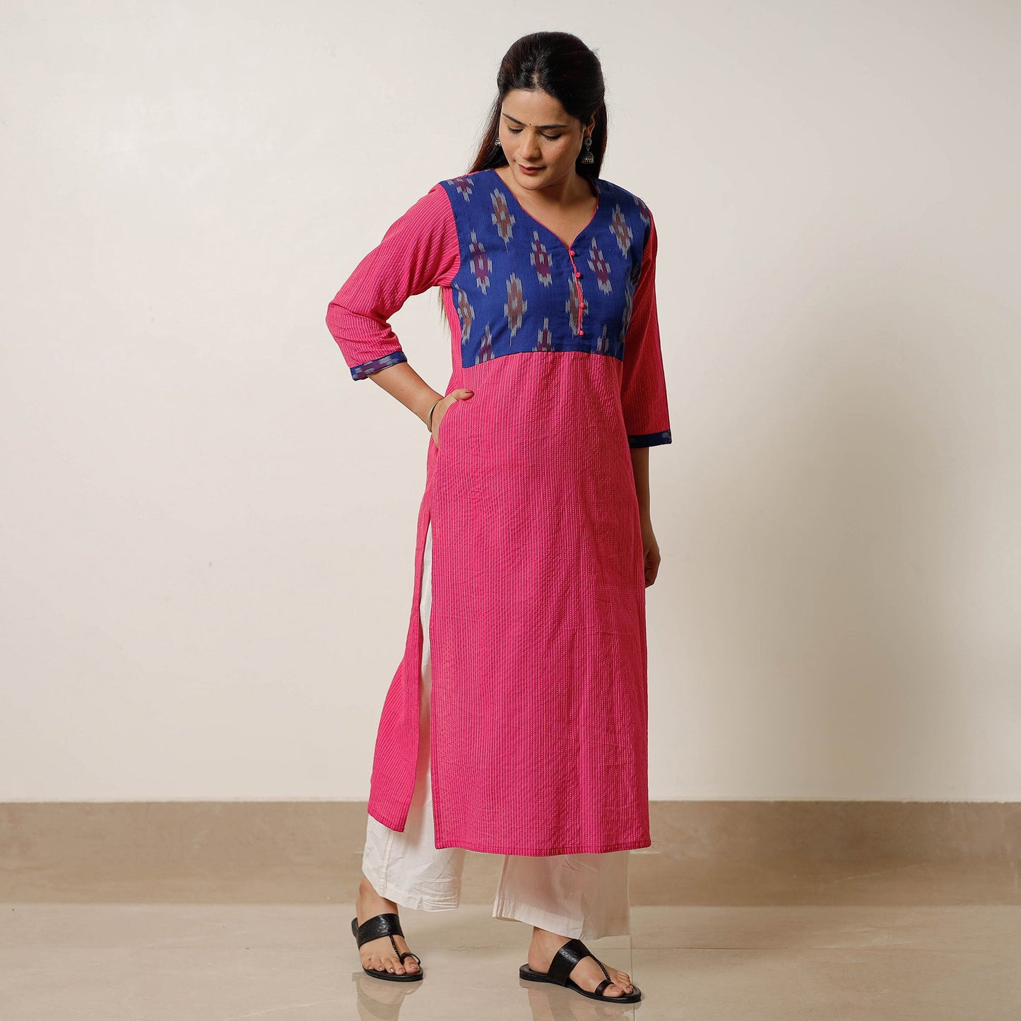Running Stitch Cotton Straight Kurta with Ikat Patchwork 15