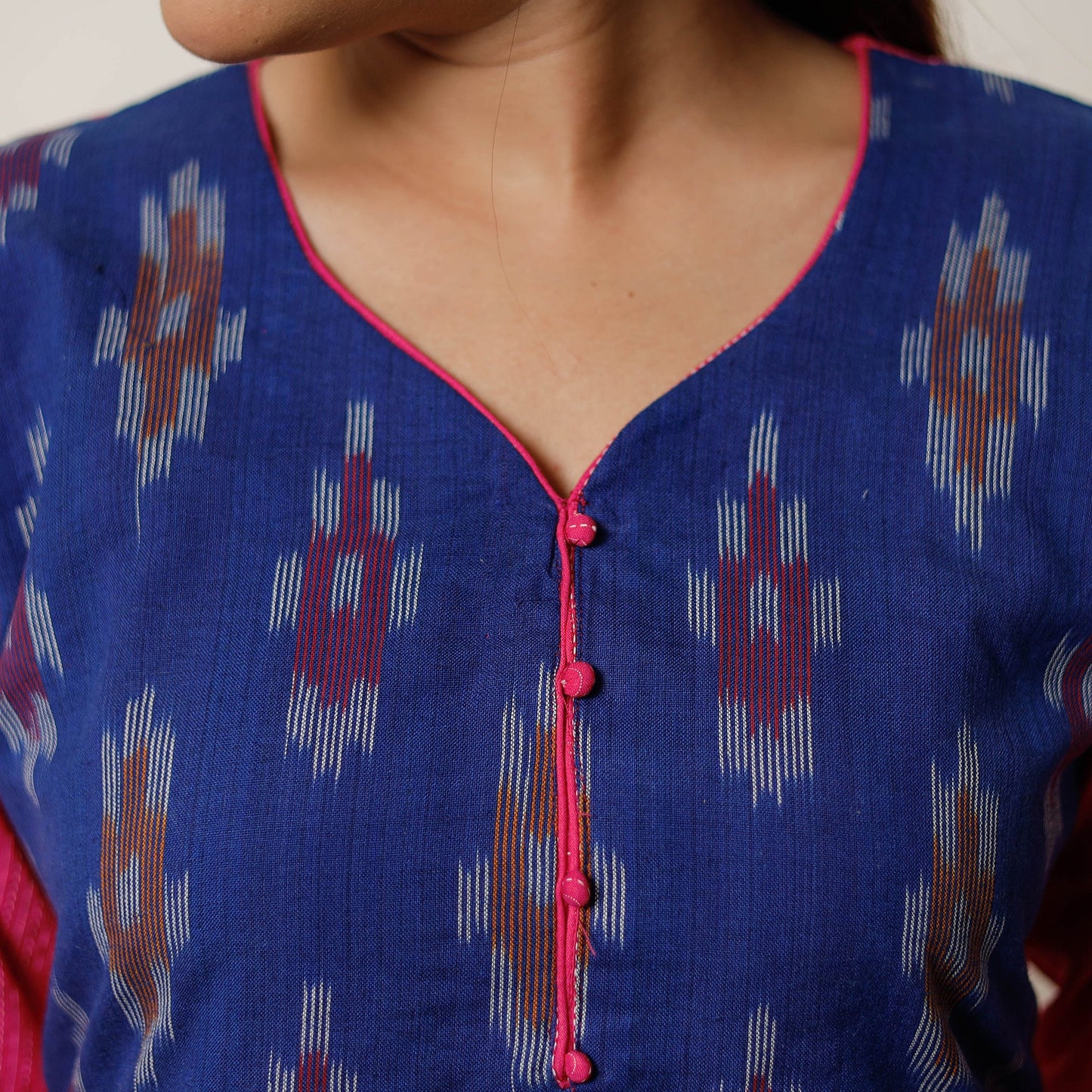 Running Stitch Cotton Straight Kurta with Ikat Patchwork 15