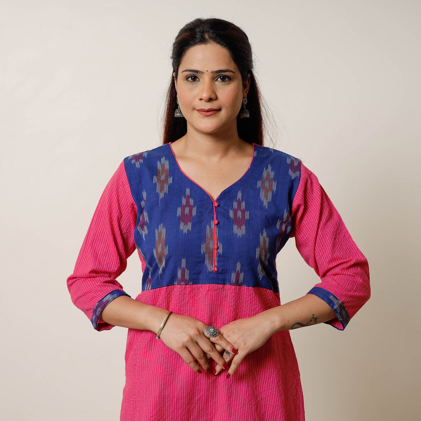 Running Stitch Cotton Straight Kurta with Ikat Patchwork 15
