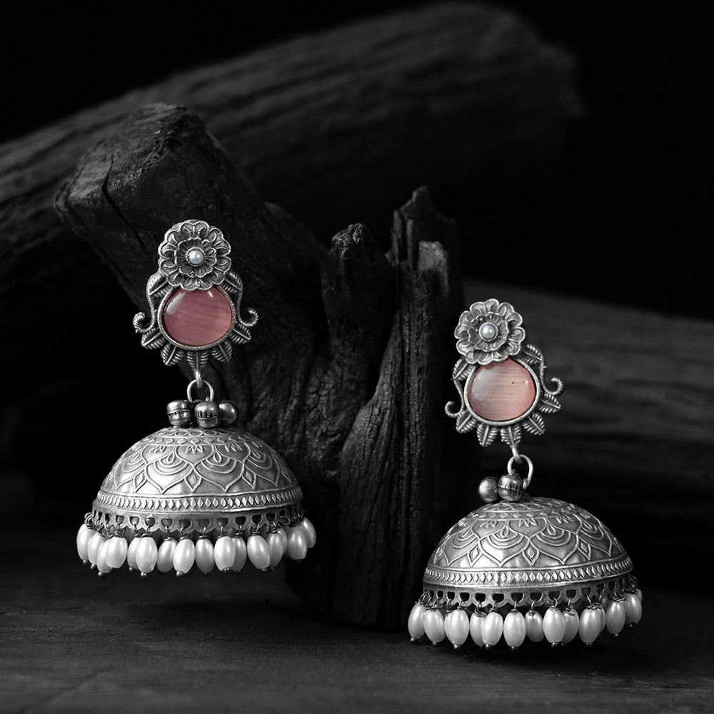 Pink - saanjh bela flower & leaves oxidised jhumka earrings