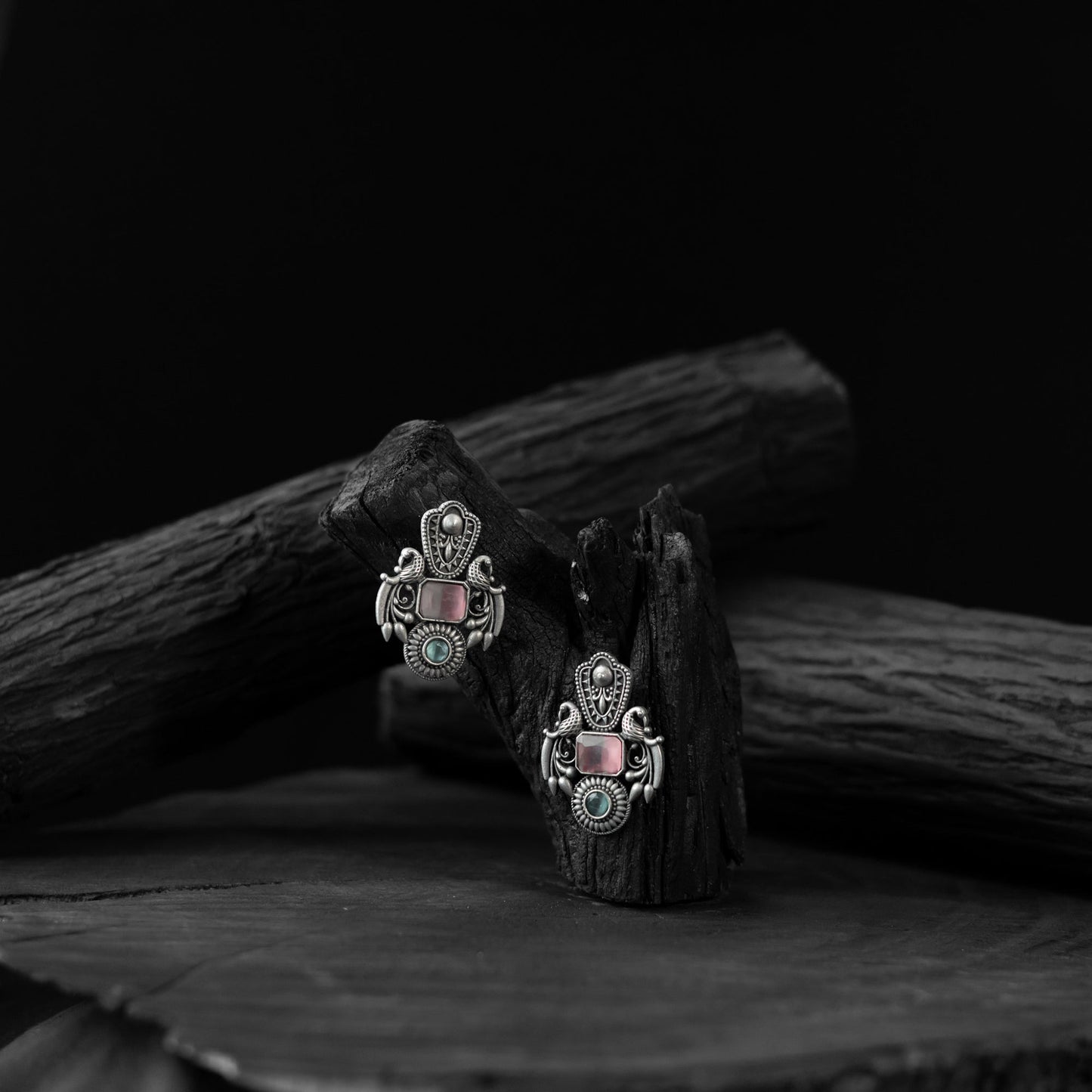 Pink - saanjh bela peacock oxidised earrings - handcrafted
