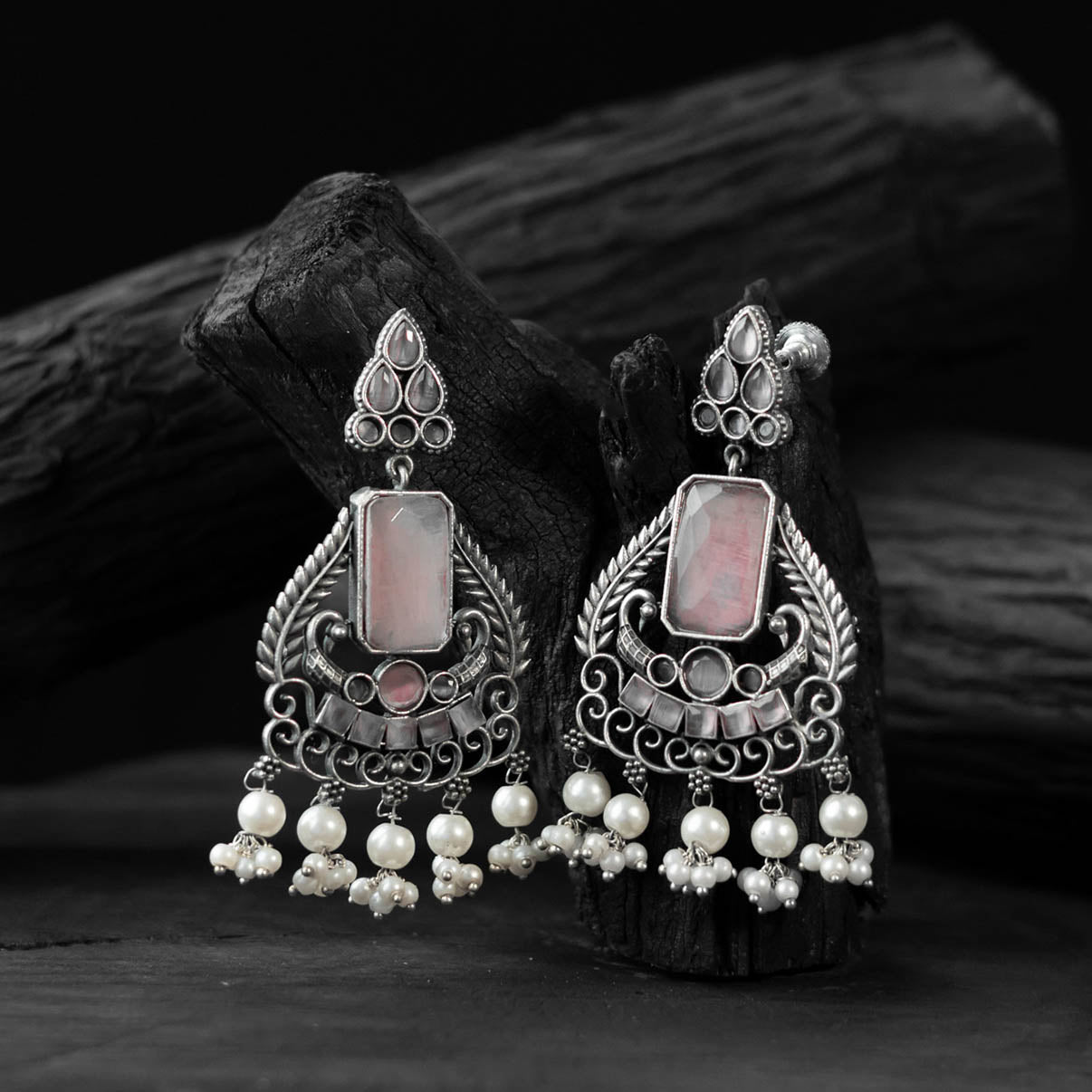 Pink - saanjh bela swan oxidised earrings - handcrafted